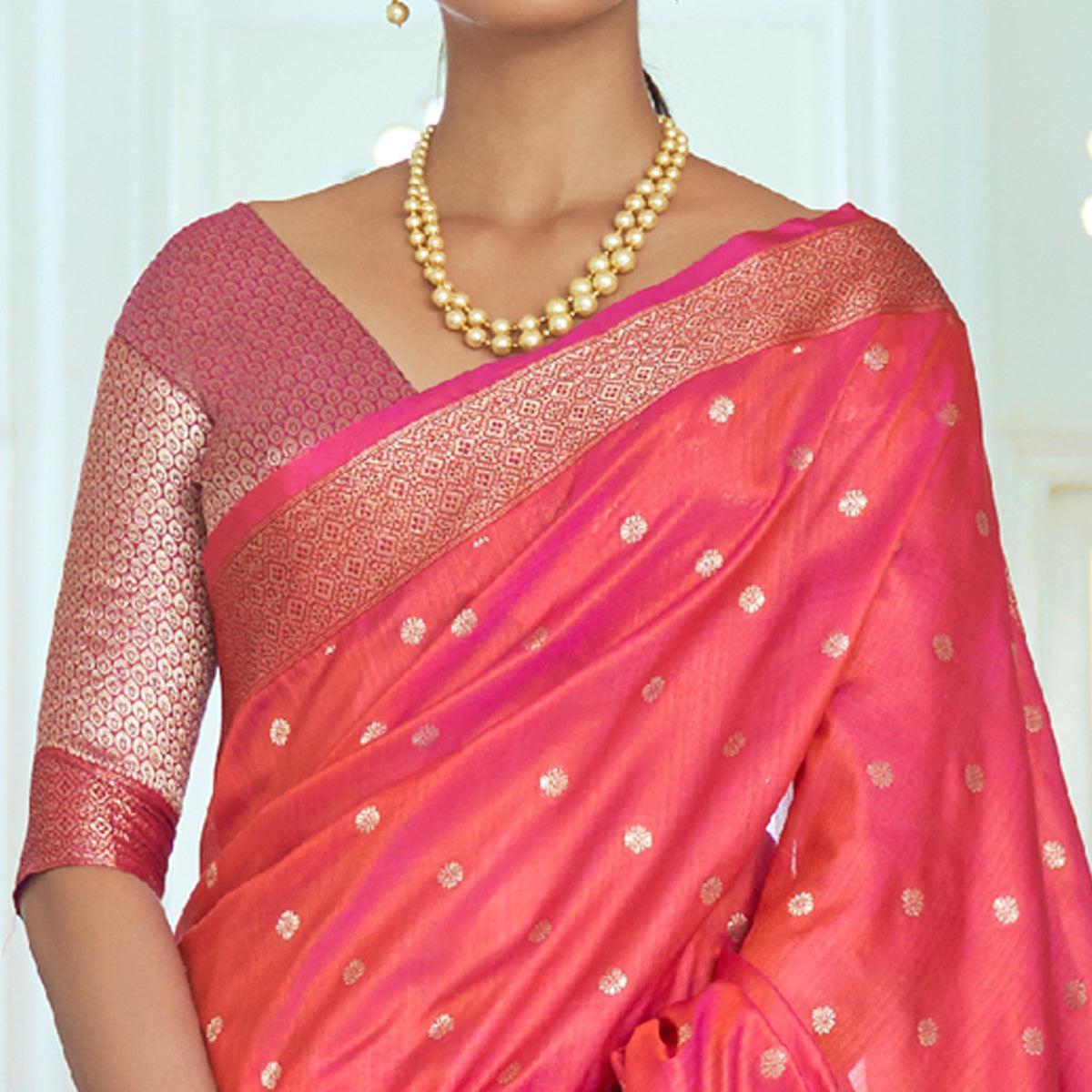 Pink Festive Wear Woven Handloom Silk Saree - Peachmode