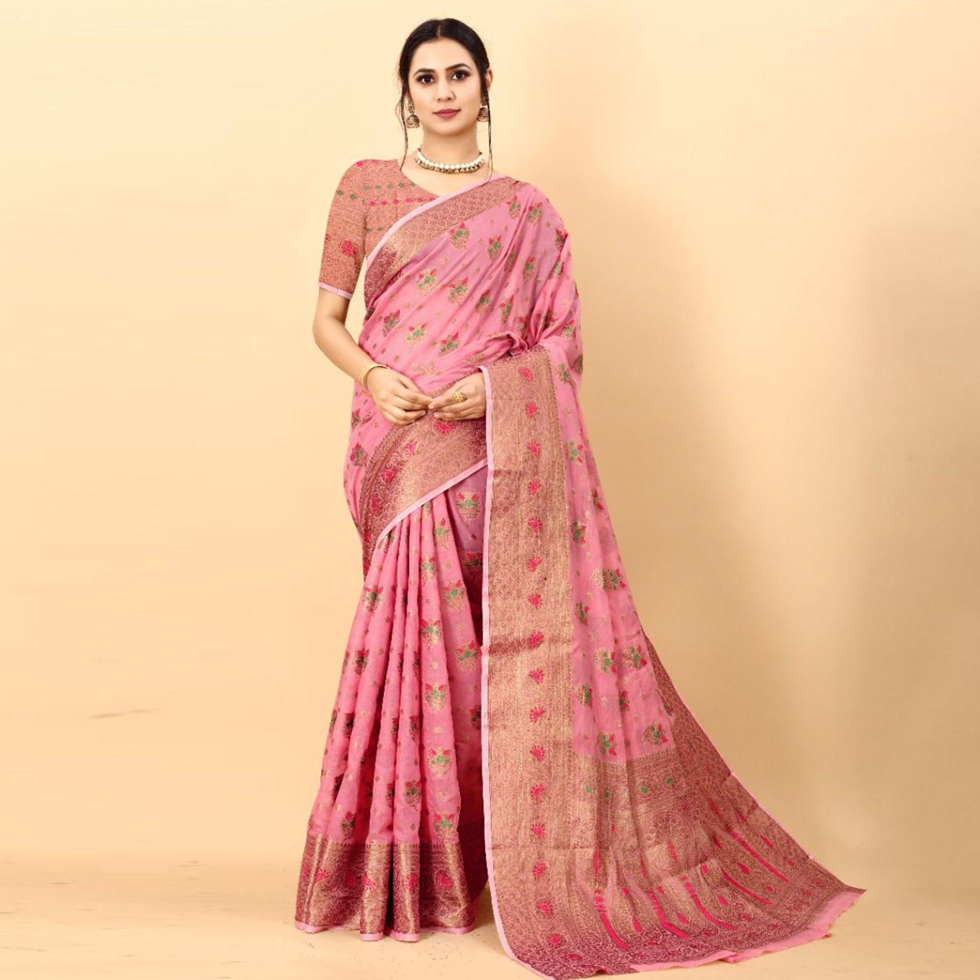 Pink Festive Wear Woven Heavy Cotton Saree - Peachmode