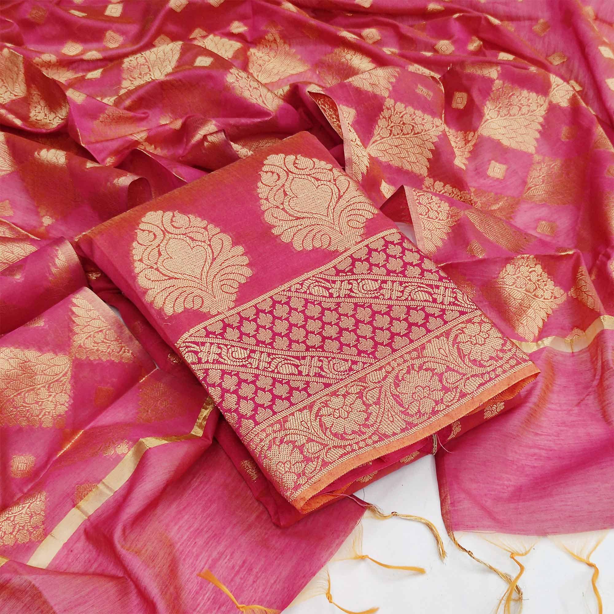 Pink Festive Wear Woven Jacquard Banarasi Silk Dress Material - Peachmode