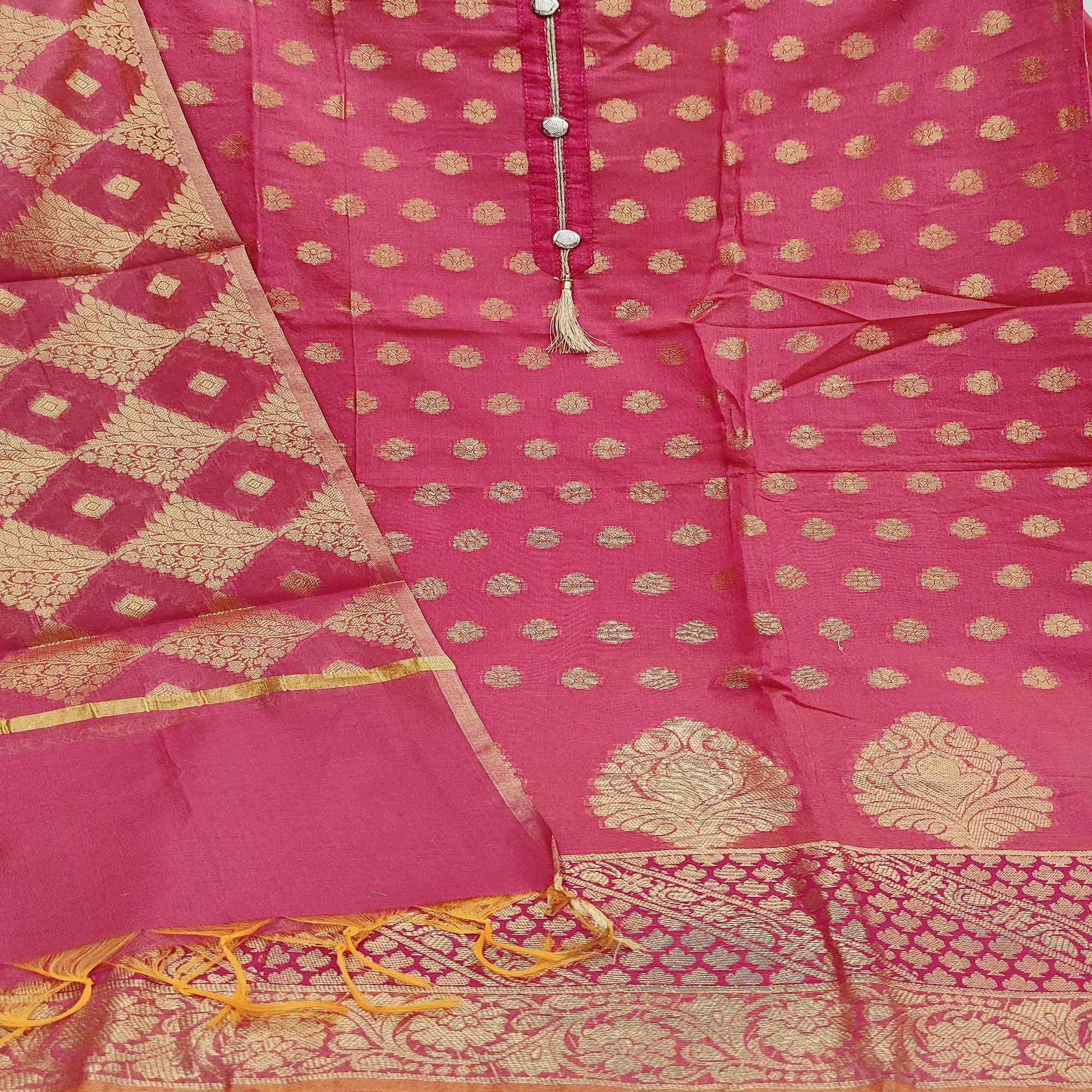 Pink Festive Wear Woven Jacquard Banarasi Silk Dress Material - Peachmode