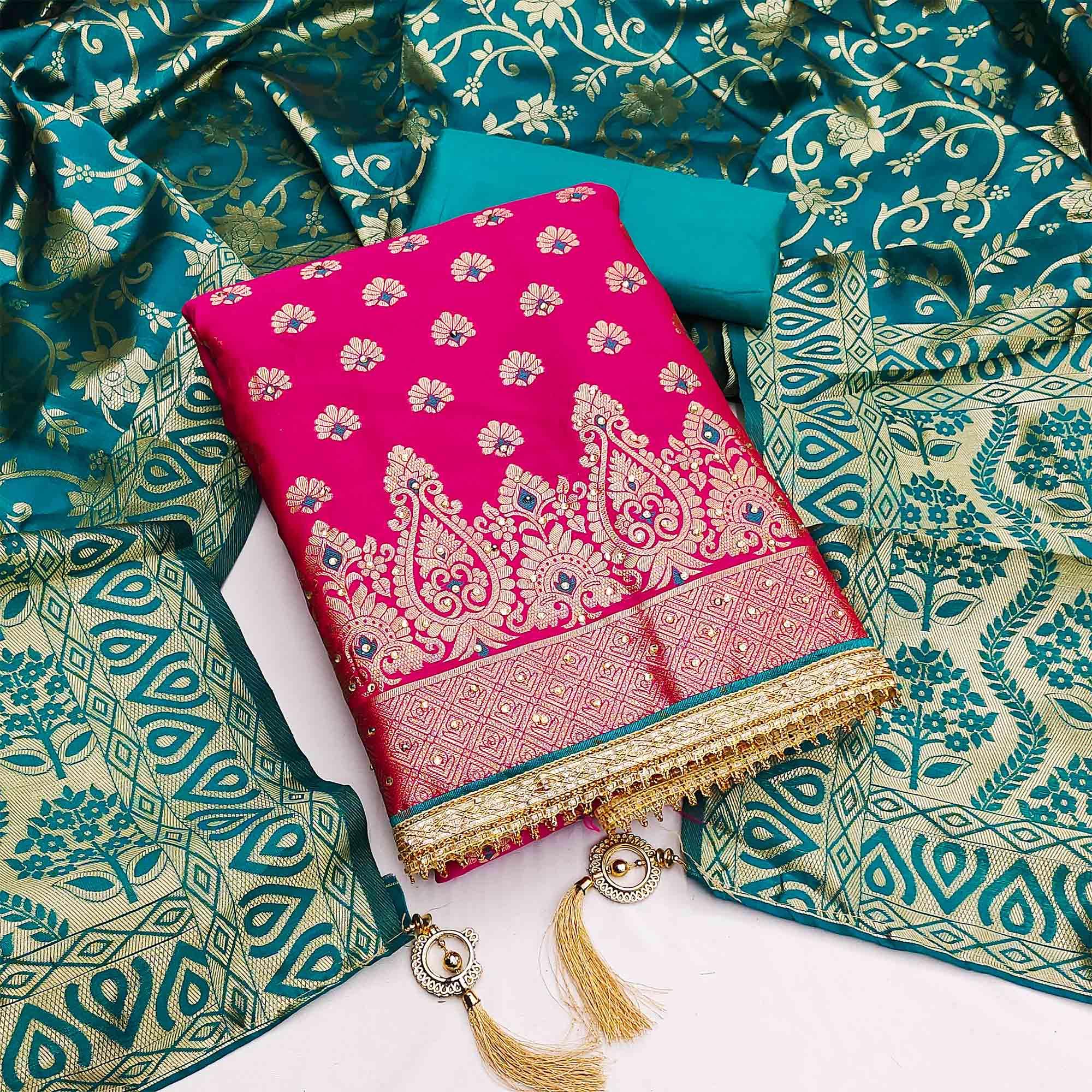 Pink Festive Wear Woven Jacquard Dress Material - Peachmode