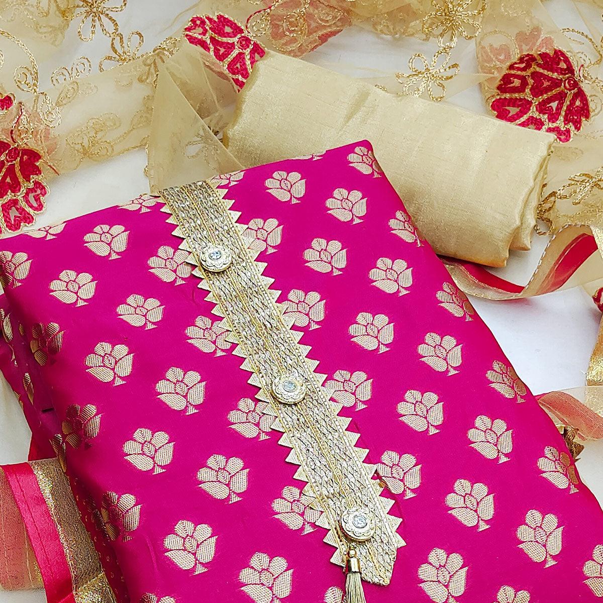 Pink Festive Wear Woven Jacquard Dress Material - Peachmode