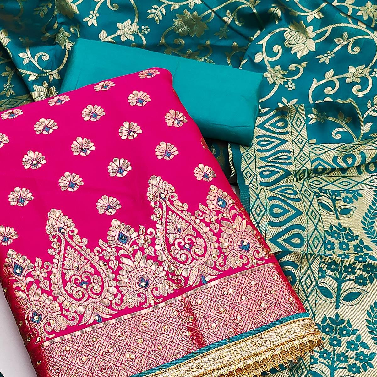 Pink Festive Wear Woven Jacquard Dress Material - Peachmode