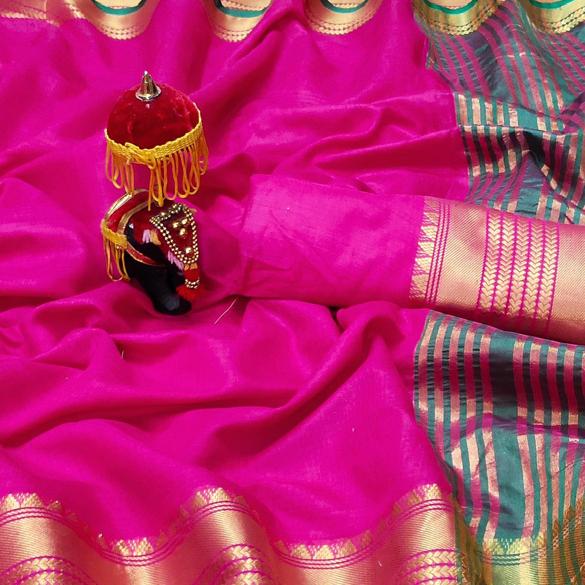 Pink Festive Wear Woven Jacquard Saree With Golden Border - Peachmode