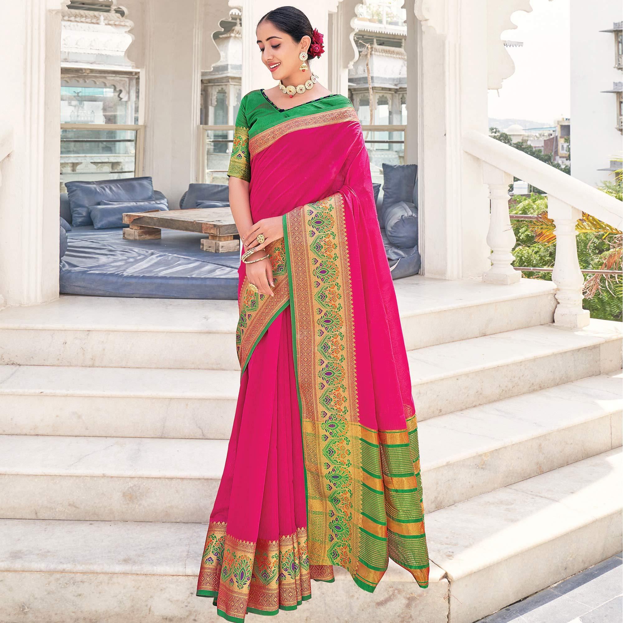 Pink Festive Wear Woven Jute Saree - Peachmode