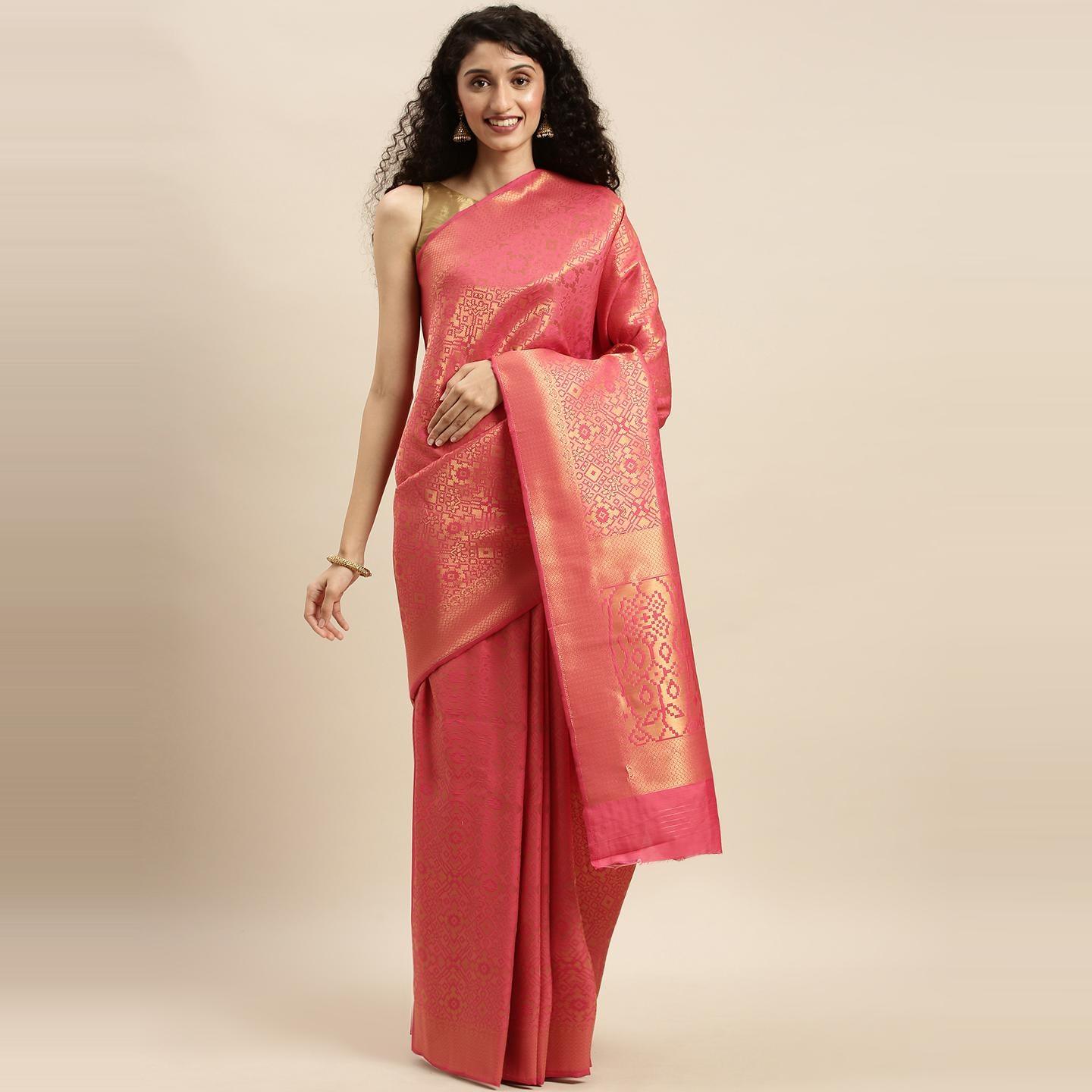 Pink Festive Wear Woven Kanjivaram Silk Saree - Peachmode