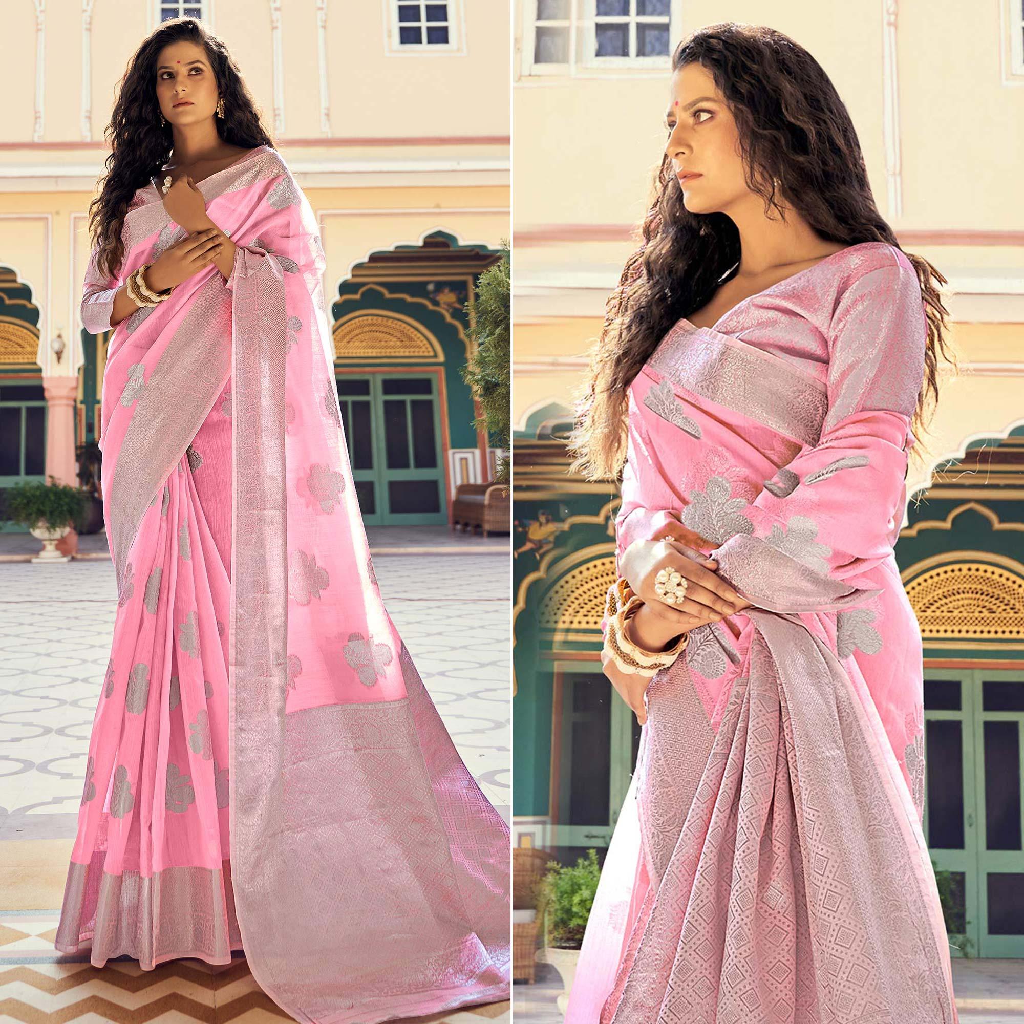 Pink Festive Wear Woven Linen Saree - Peachmode