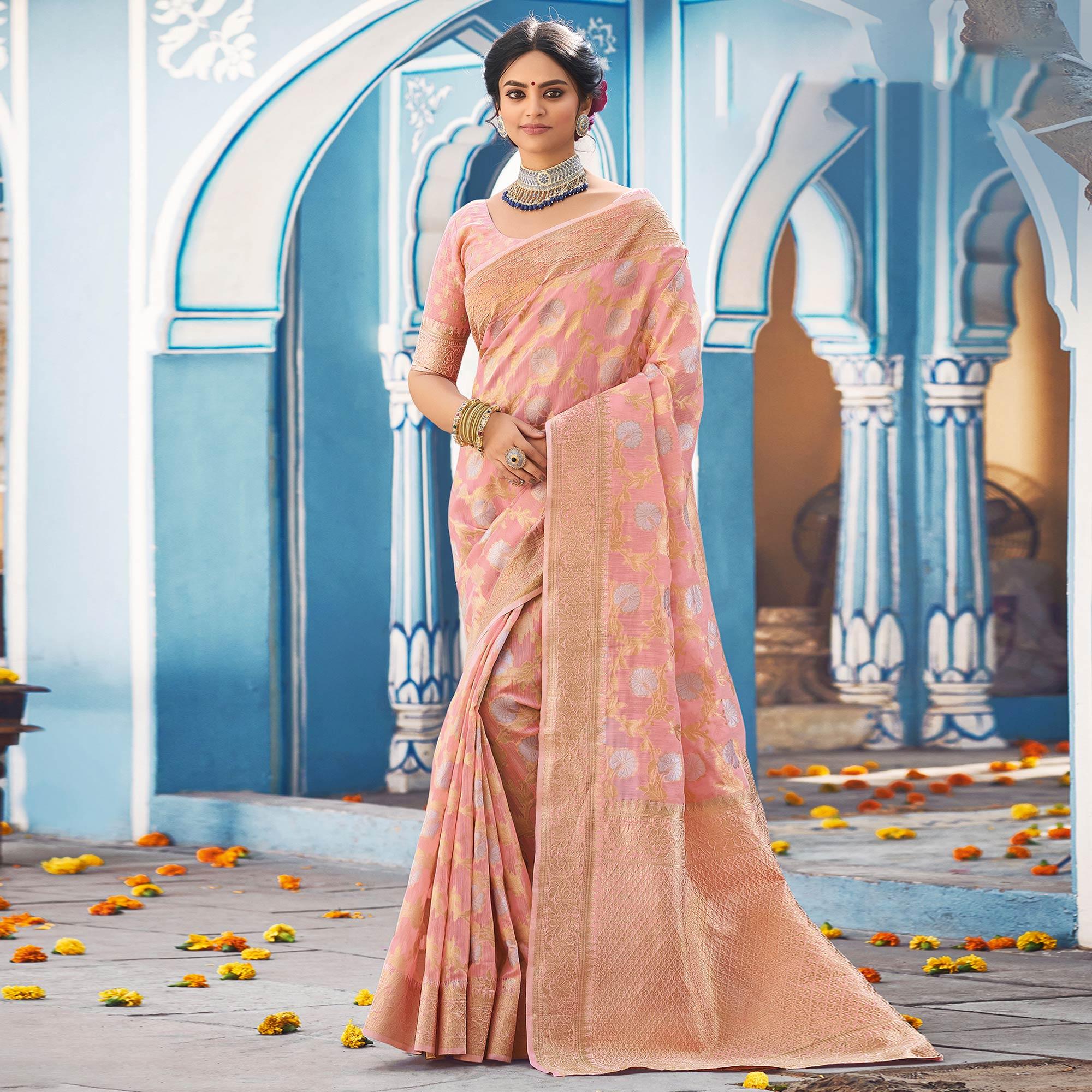 Pink Festive Wear Woven Linen Saree - Peachmode