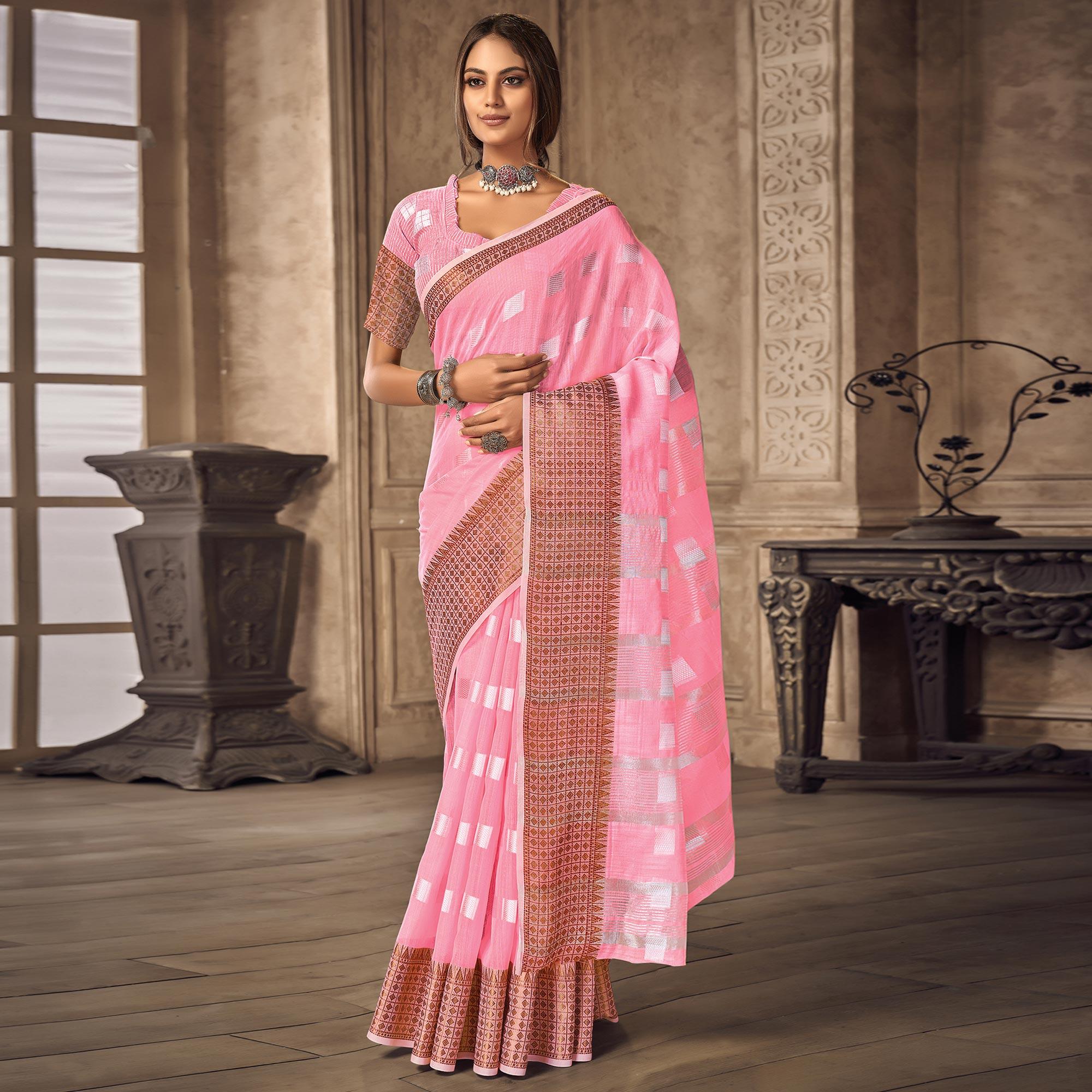 Pink Festive Wear Woven Linen Saree - Peachmode