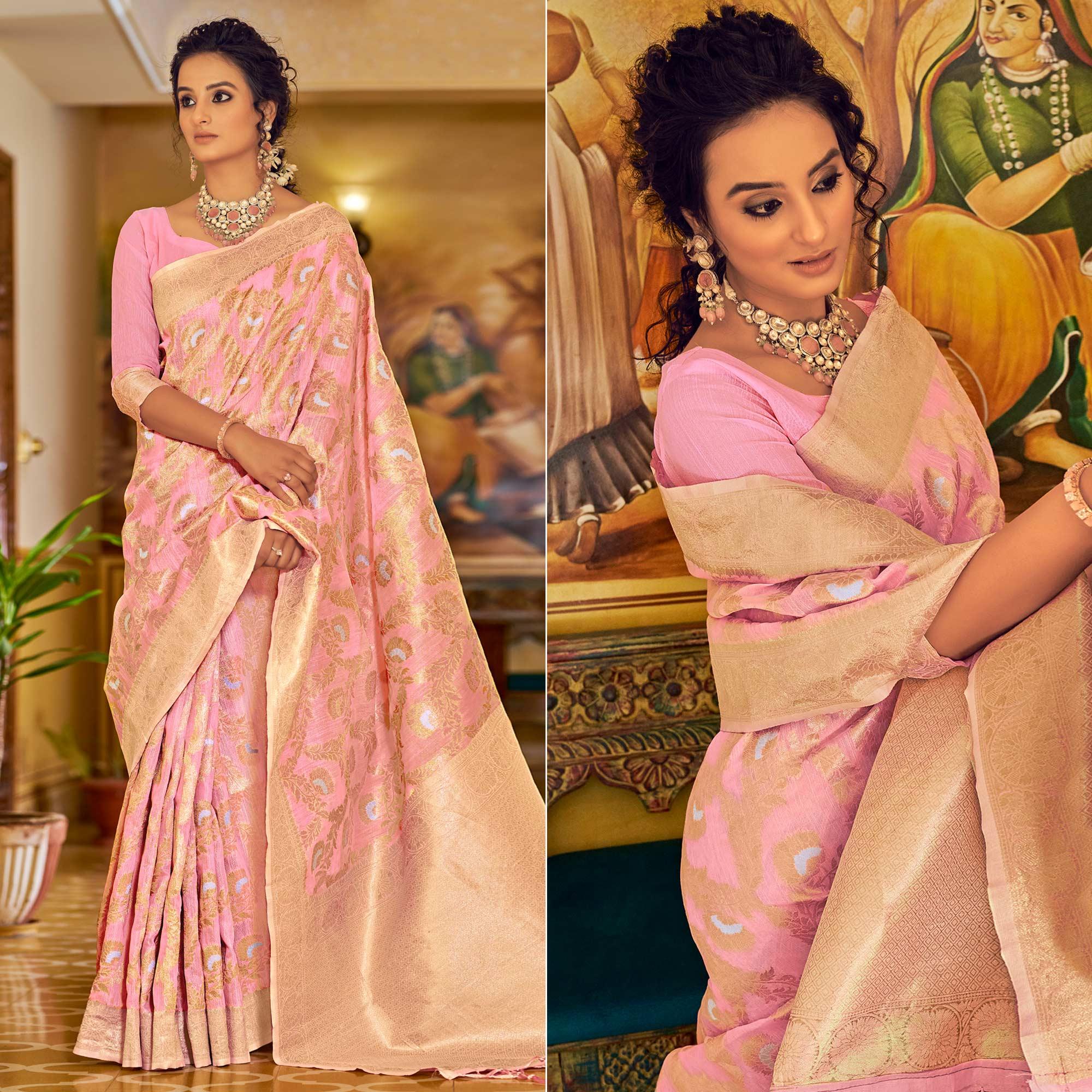 Pink Festive Wear Woven Linen Saree - Peachmode