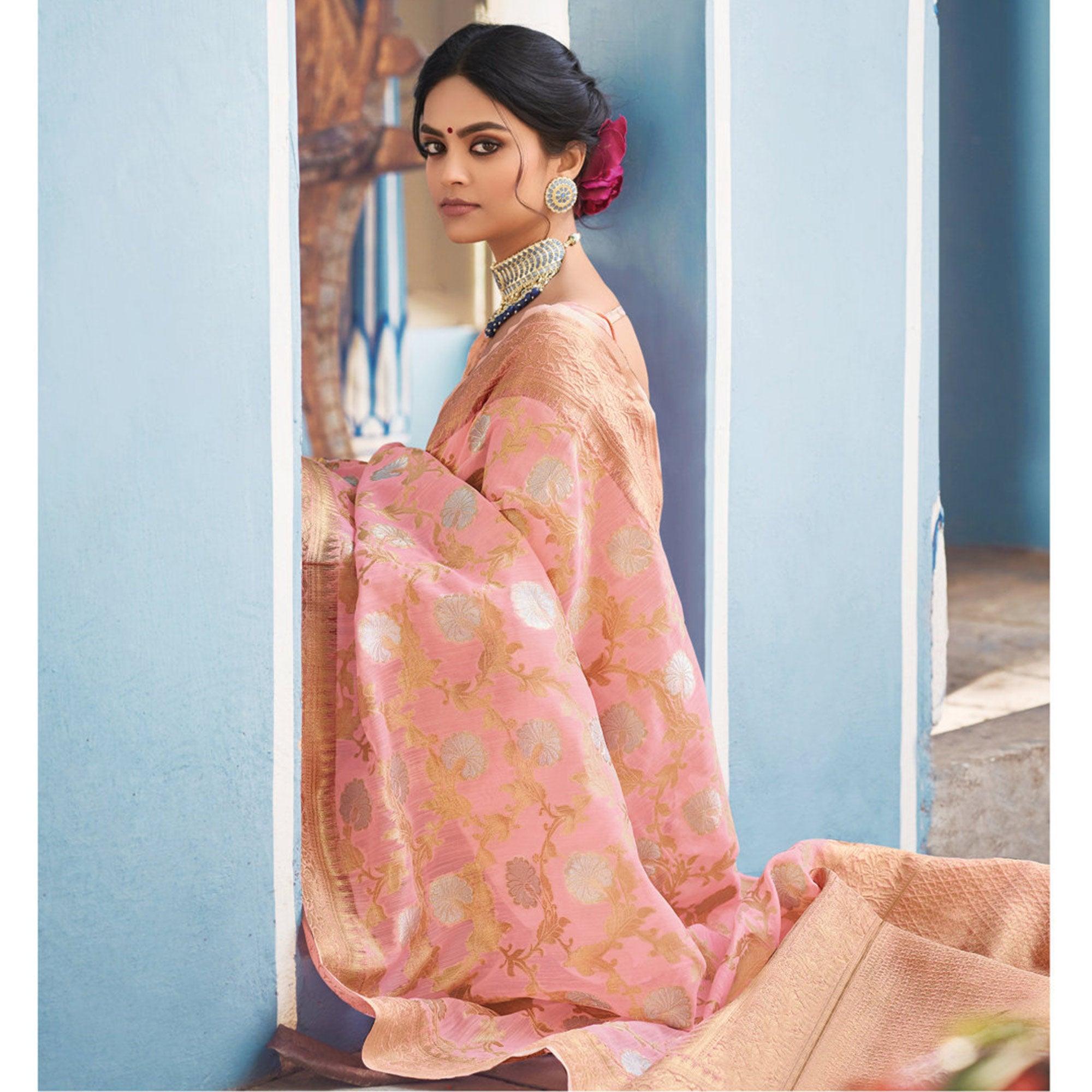 Pink Festive Wear Woven Linen Saree - Peachmode