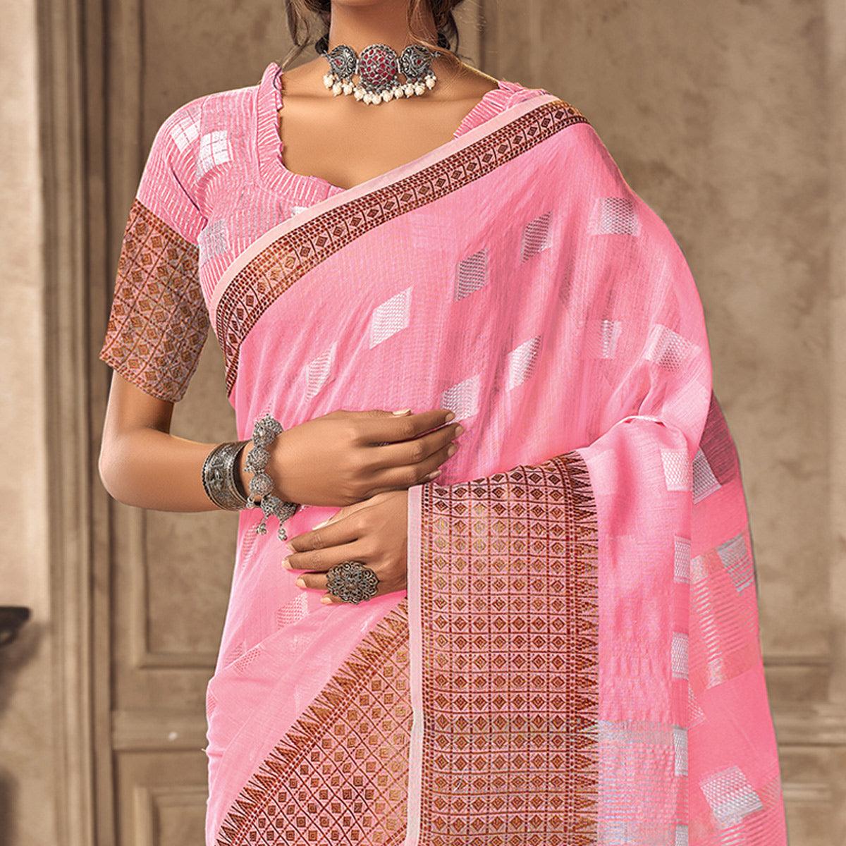 Pink Festive Wear Woven Linen Saree - Peachmode