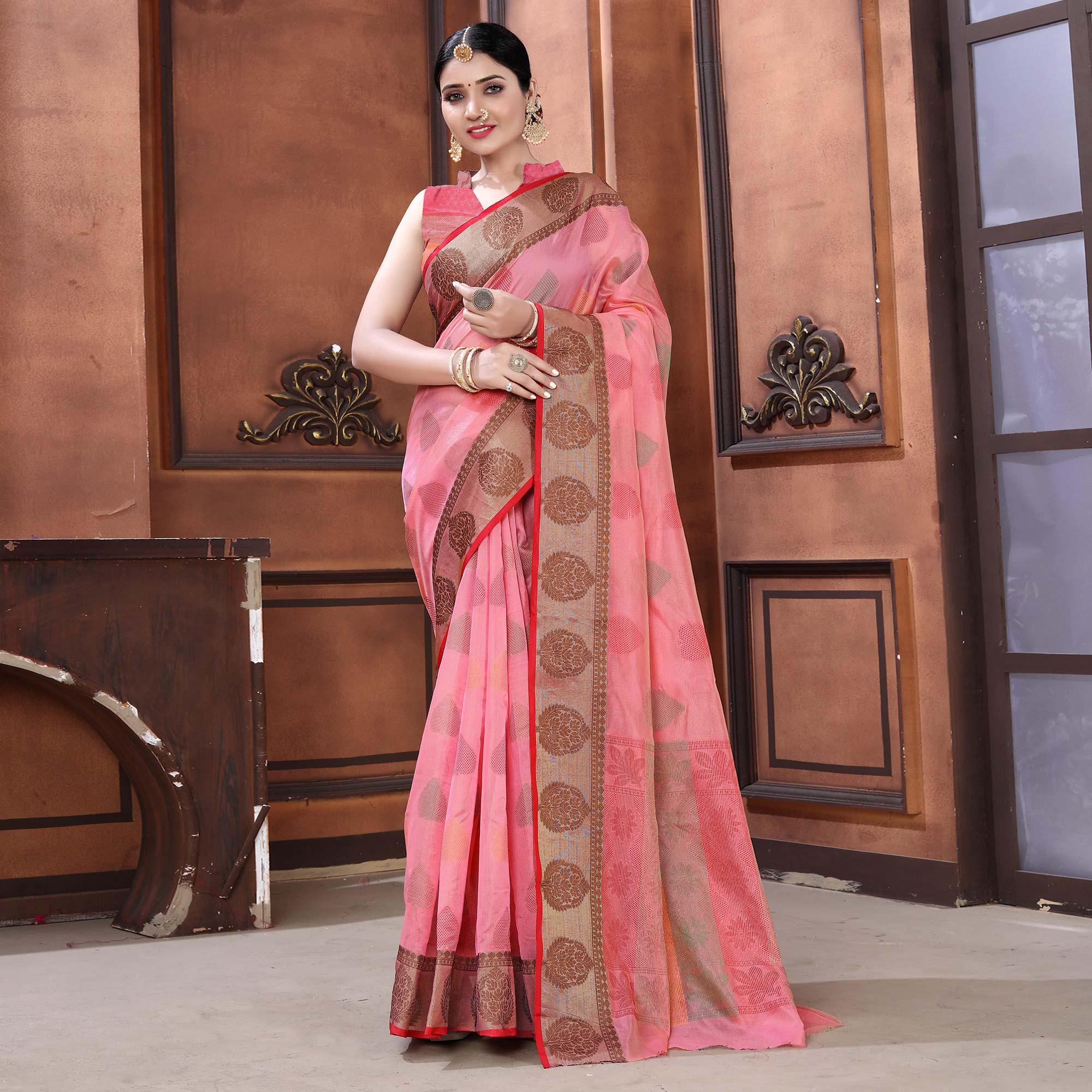 Pink Festive Wear Woven Organza Saree - Peachmode