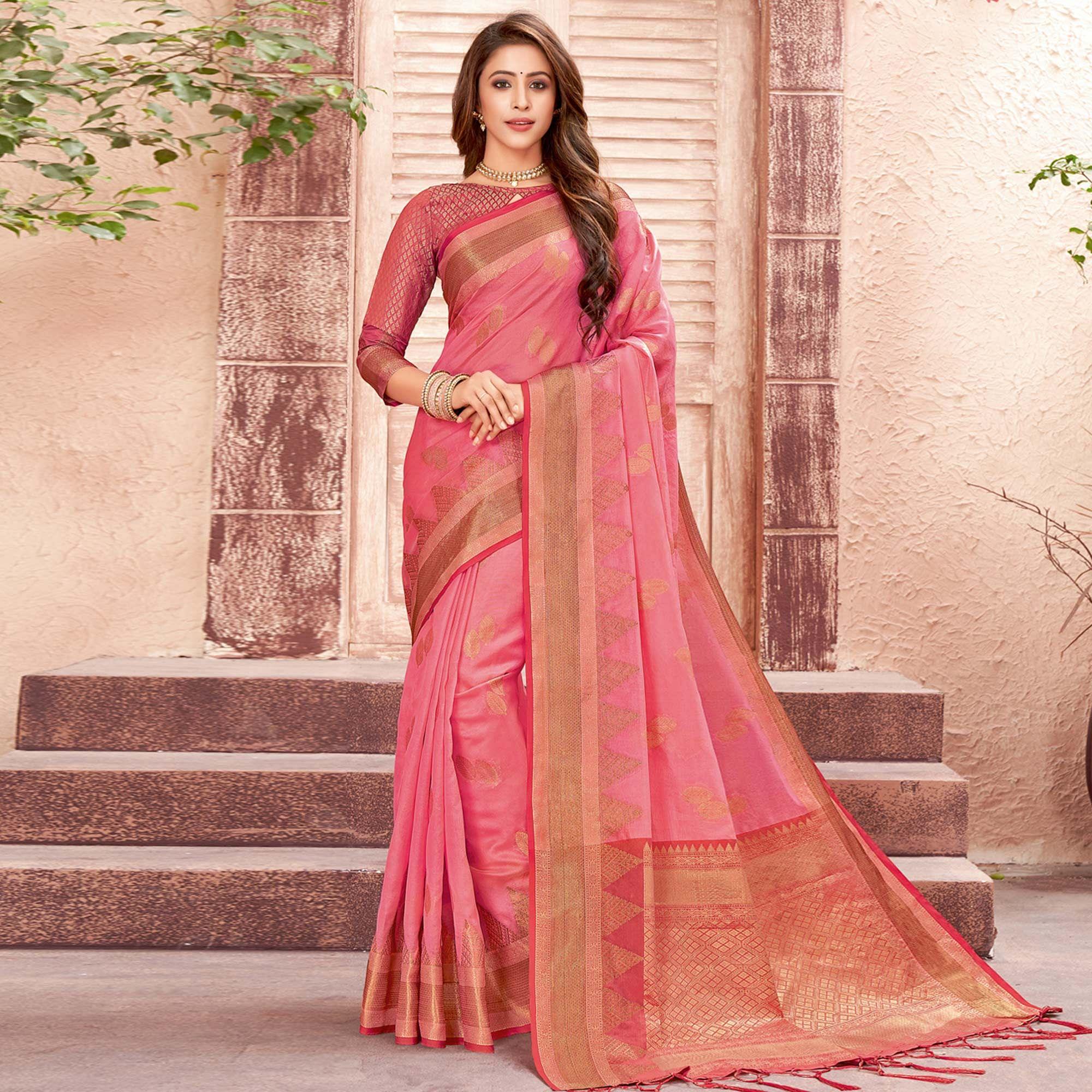 Pink Festive Wear Woven Organza Saree - Peachmode