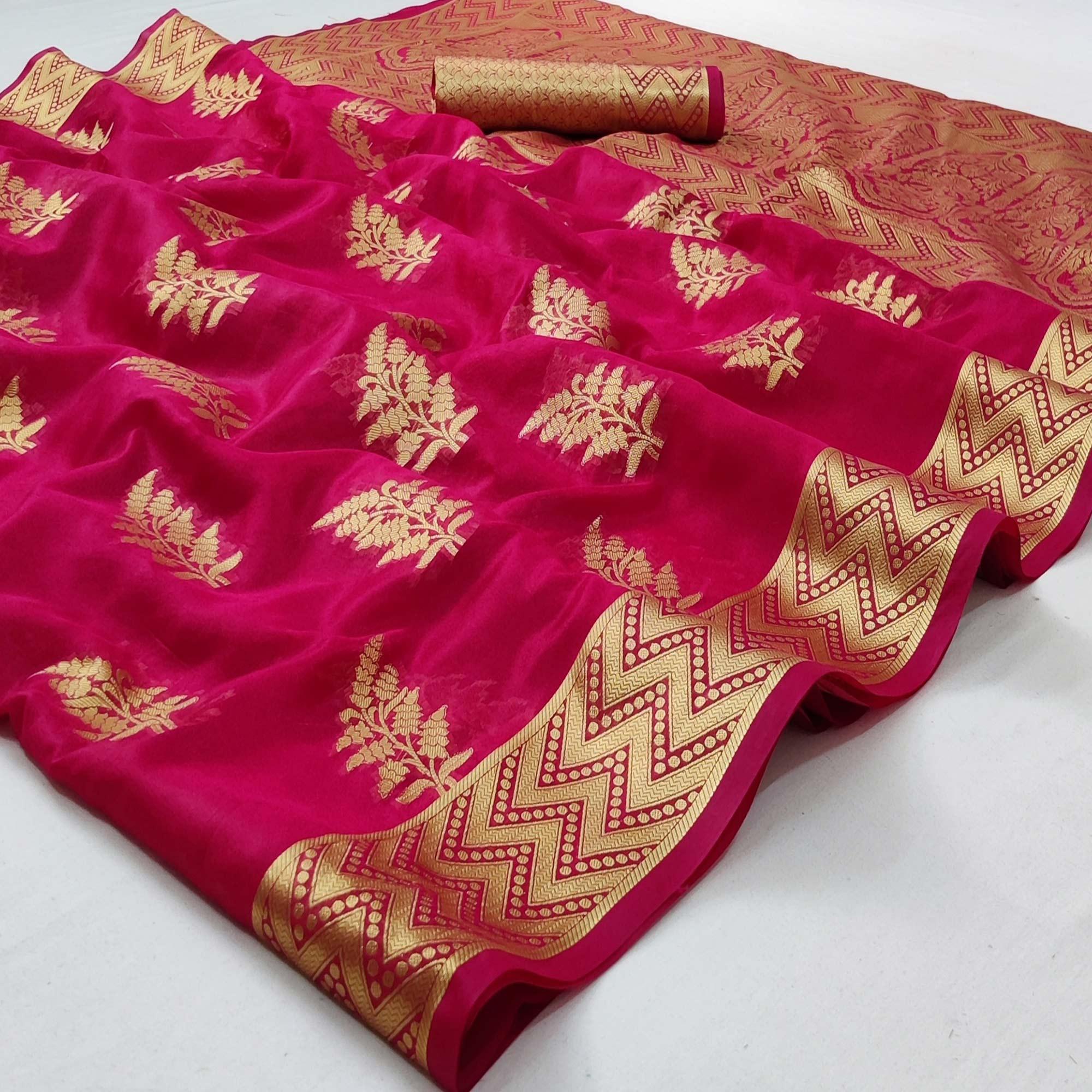 Pink Festive Wear Woven Organza Saree - Peachmode