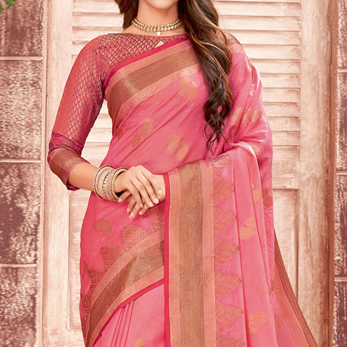 Pink Festive Wear Woven Organza Saree - Peachmode