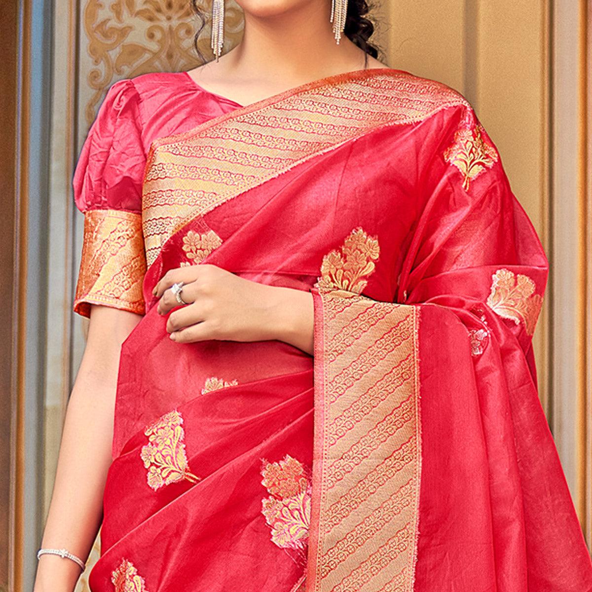 Pink Festive Wear Woven Organza Saree - Peachmode