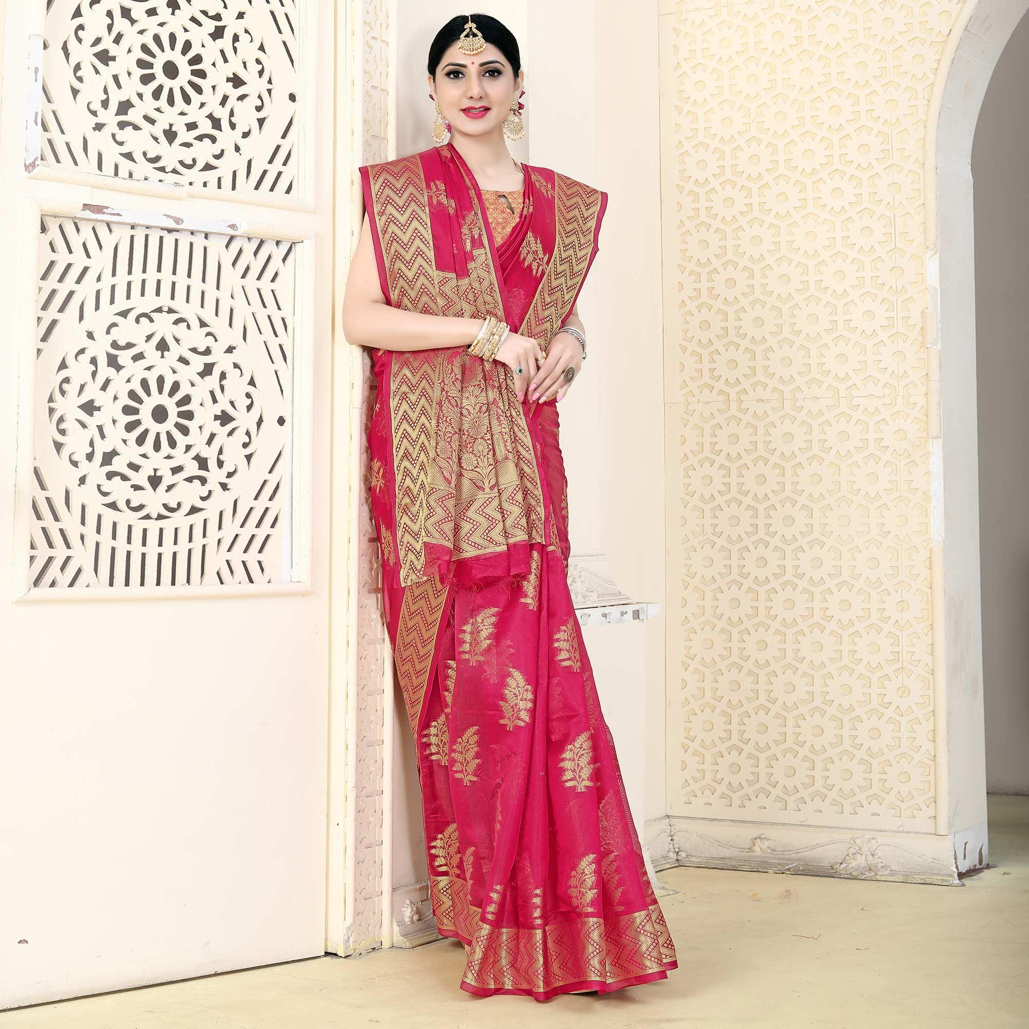 Pink Festive Wear Woven Organza Saree - Peachmode
