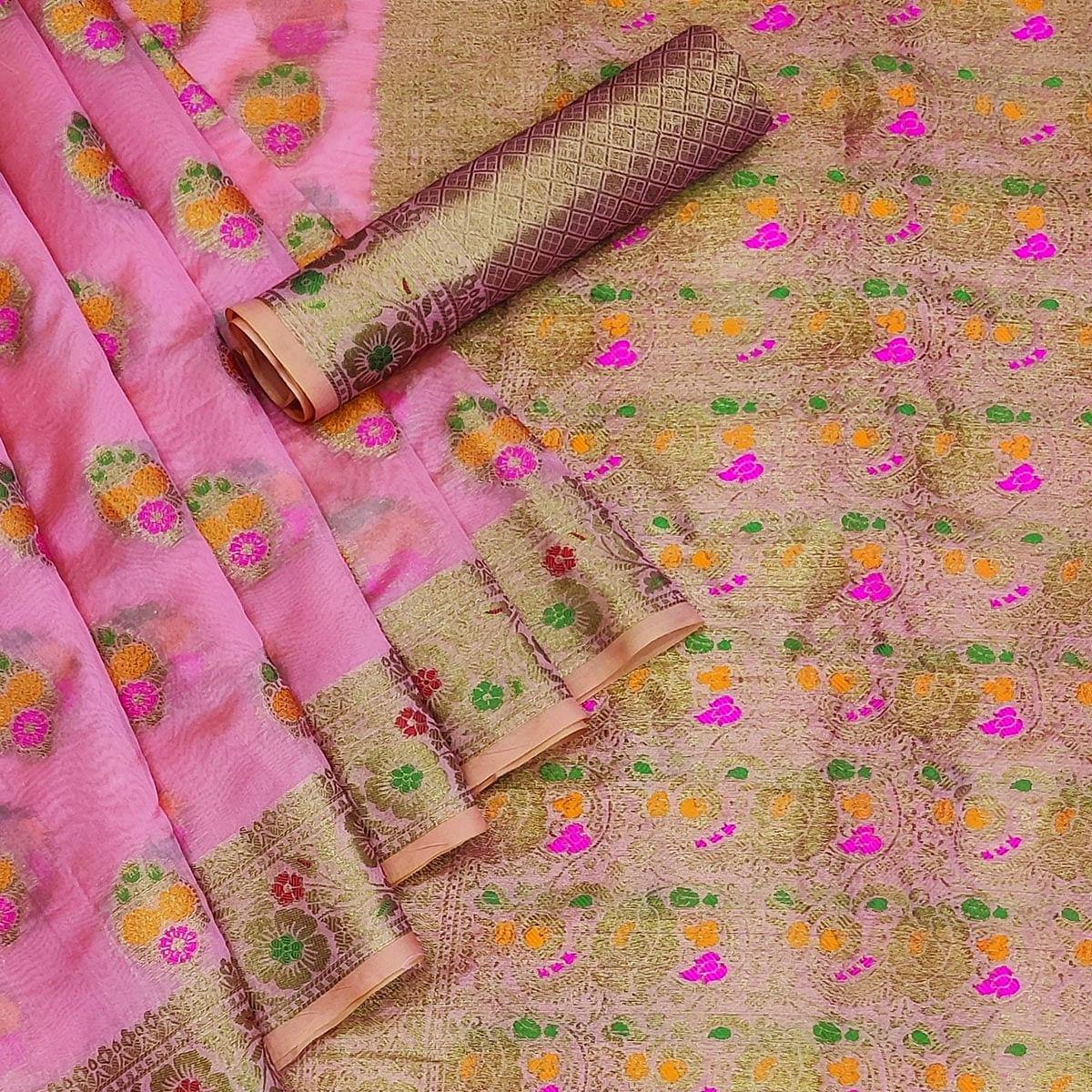 Pink Festive Wear Woven Organza Saree - Peachmode