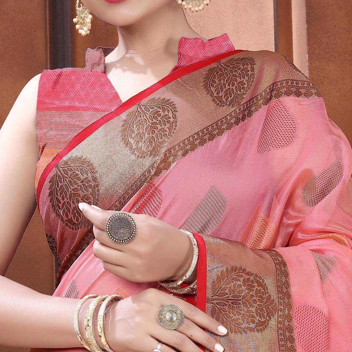 Pink Festive Wear Woven Organza Saree - Peachmode