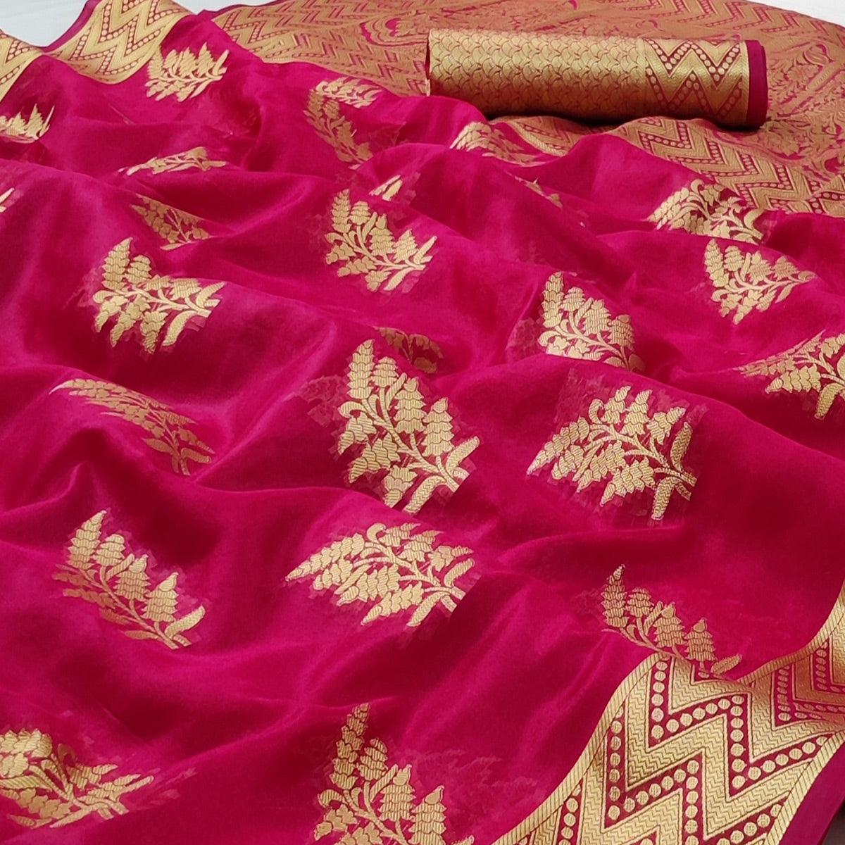 Pink Festive Wear Woven Organza Saree - Peachmode