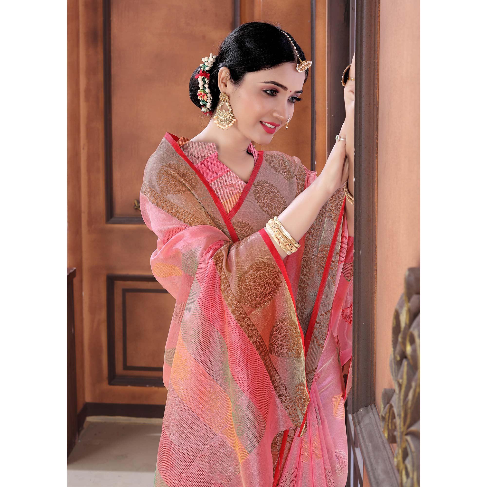 Pink Festive Wear Woven Organza Saree - Peachmode