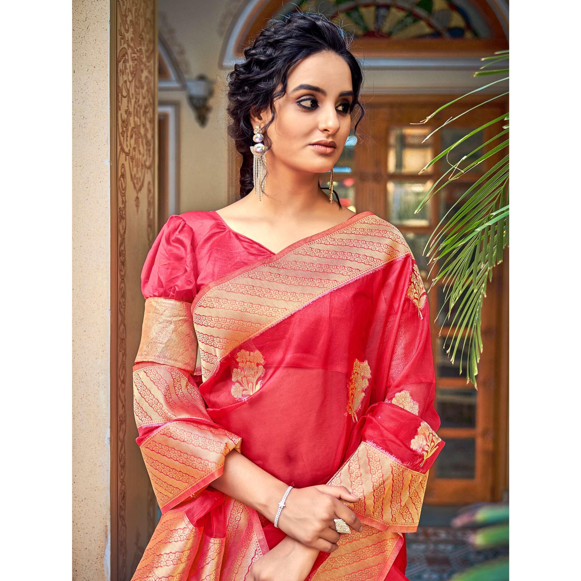 Pink Festive Wear Woven Organza Saree - Peachmode