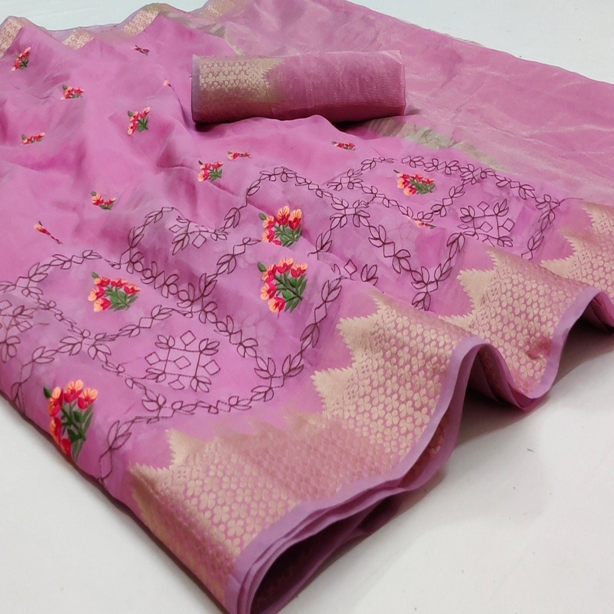 Pink Festive Wear Woven Organza Saree With Floral Embroidery Butta Work - Peachmode
