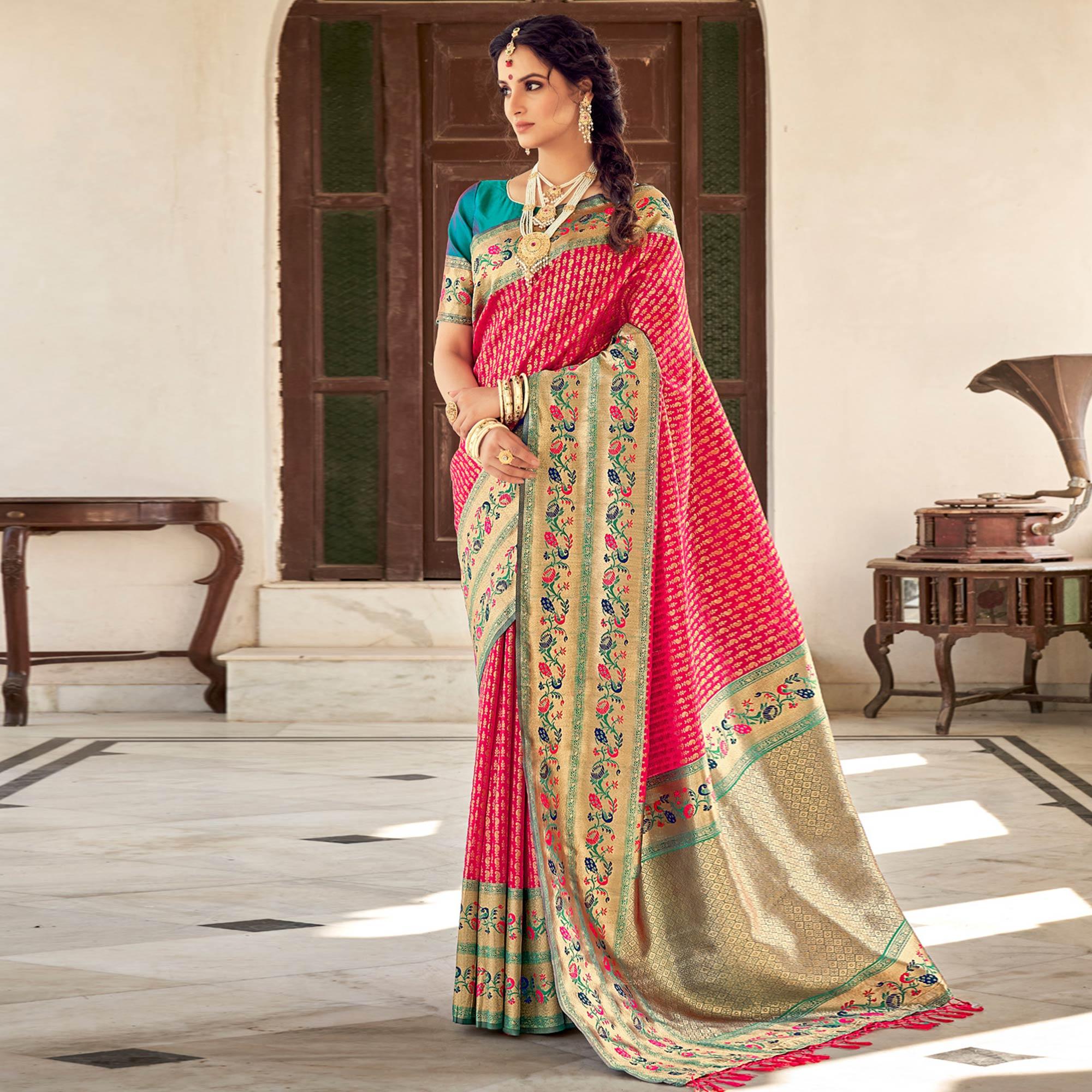 Pink Festive Wear Woven Paithani Silk Saree - Peachmode