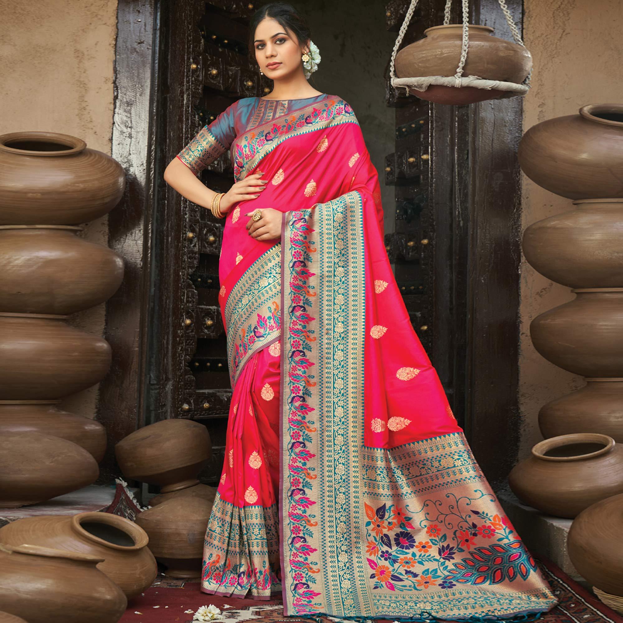 Pink Festive Wear Woven Paithani Silk Saree - Peachmode