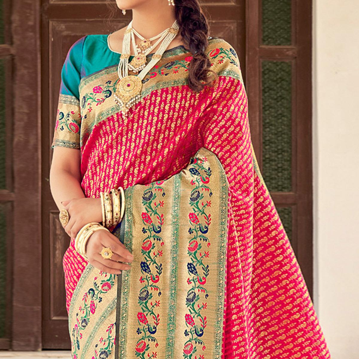 Pink Festive Wear Woven Paithani Silk Saree - Peachmode