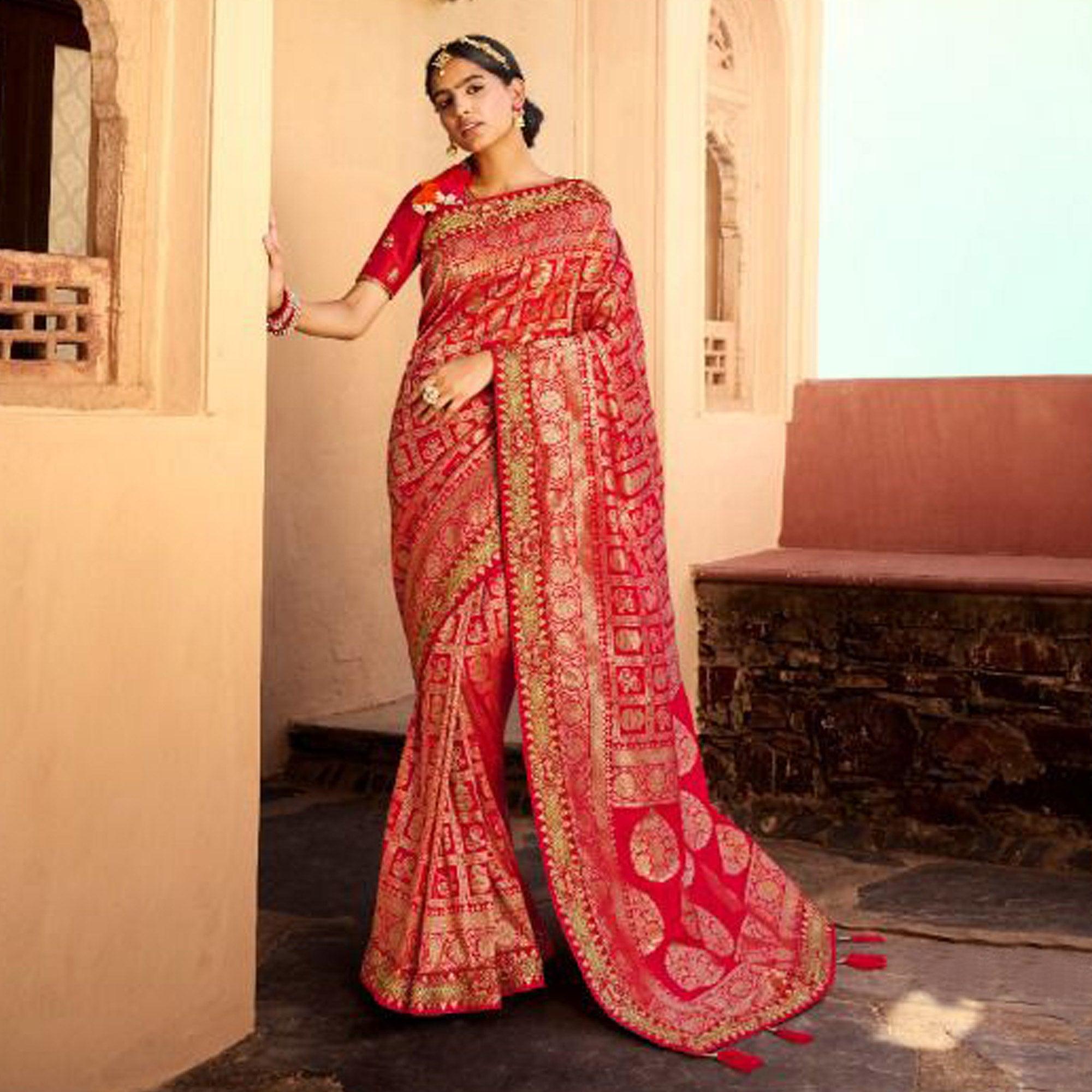 Pink Festive Wear Woven Poly Silk Saree - Peachmode