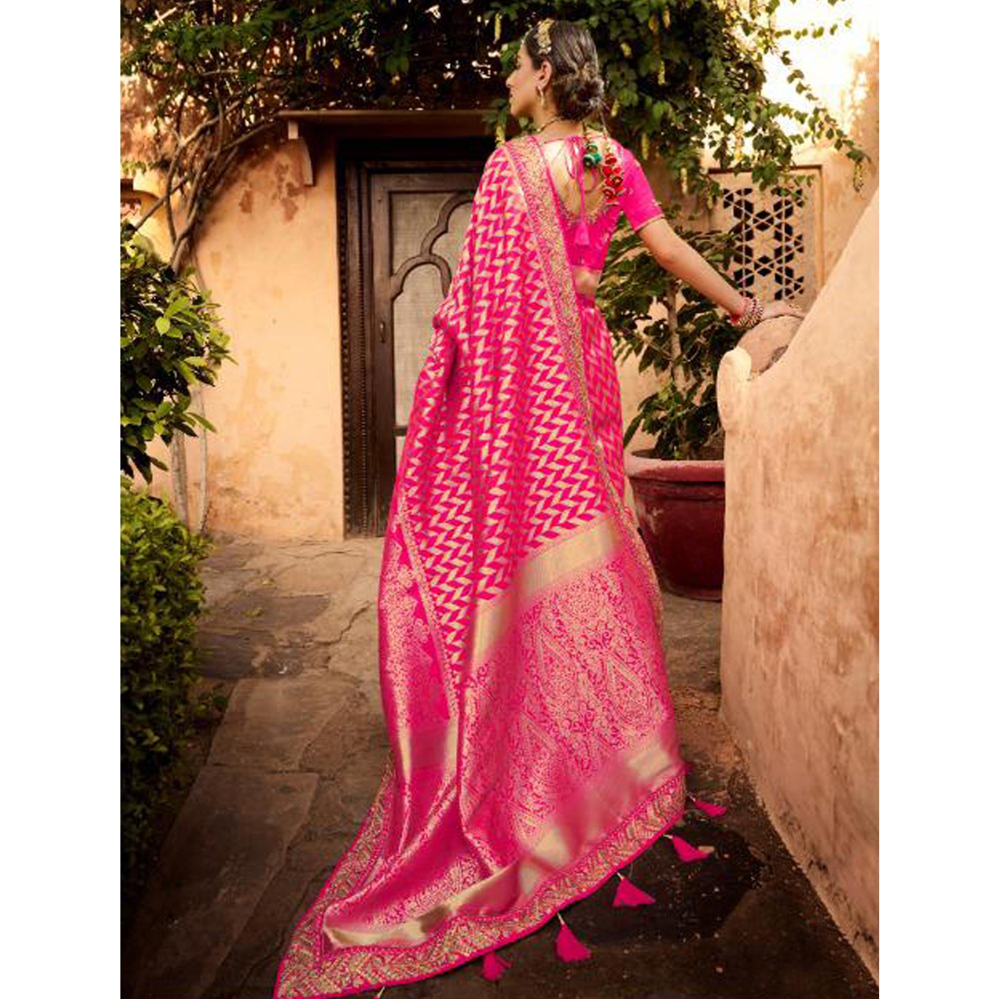Pink Festive Wear Woven Poly Silk Saree - Peachmode