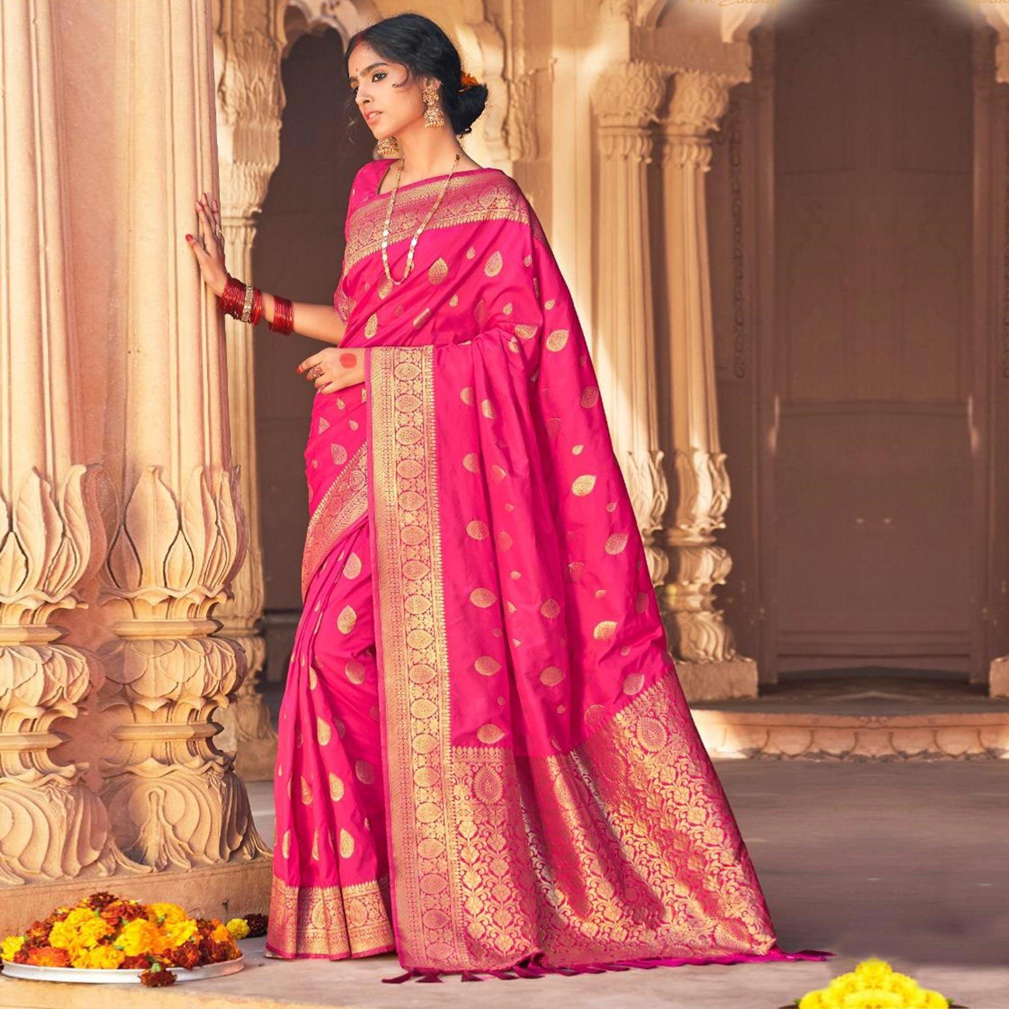Pink Festive Wear Woven Pure Satin Saree - Peachmode
