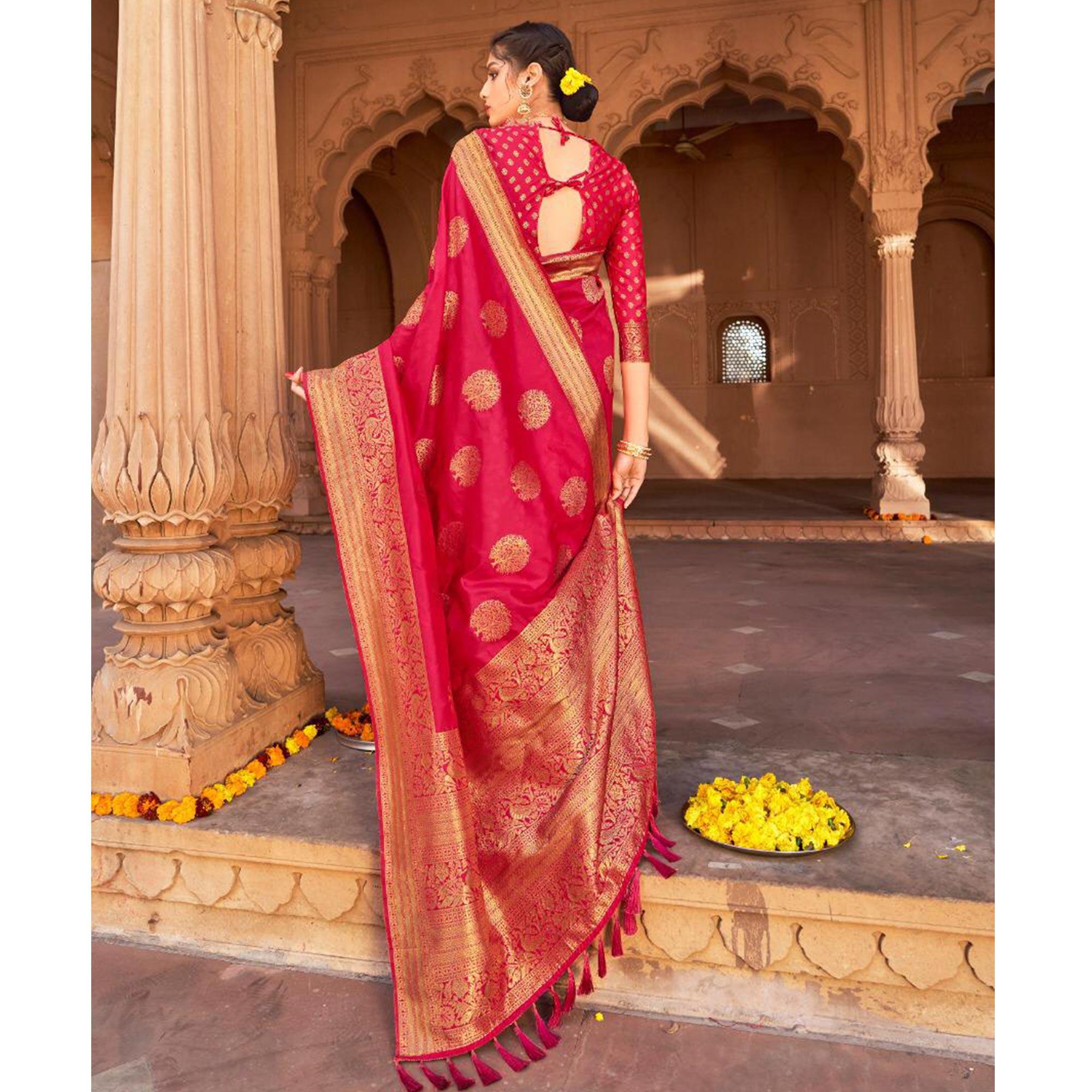 Pink Festive Wear Woven Pure Satin Saree - Peachmode