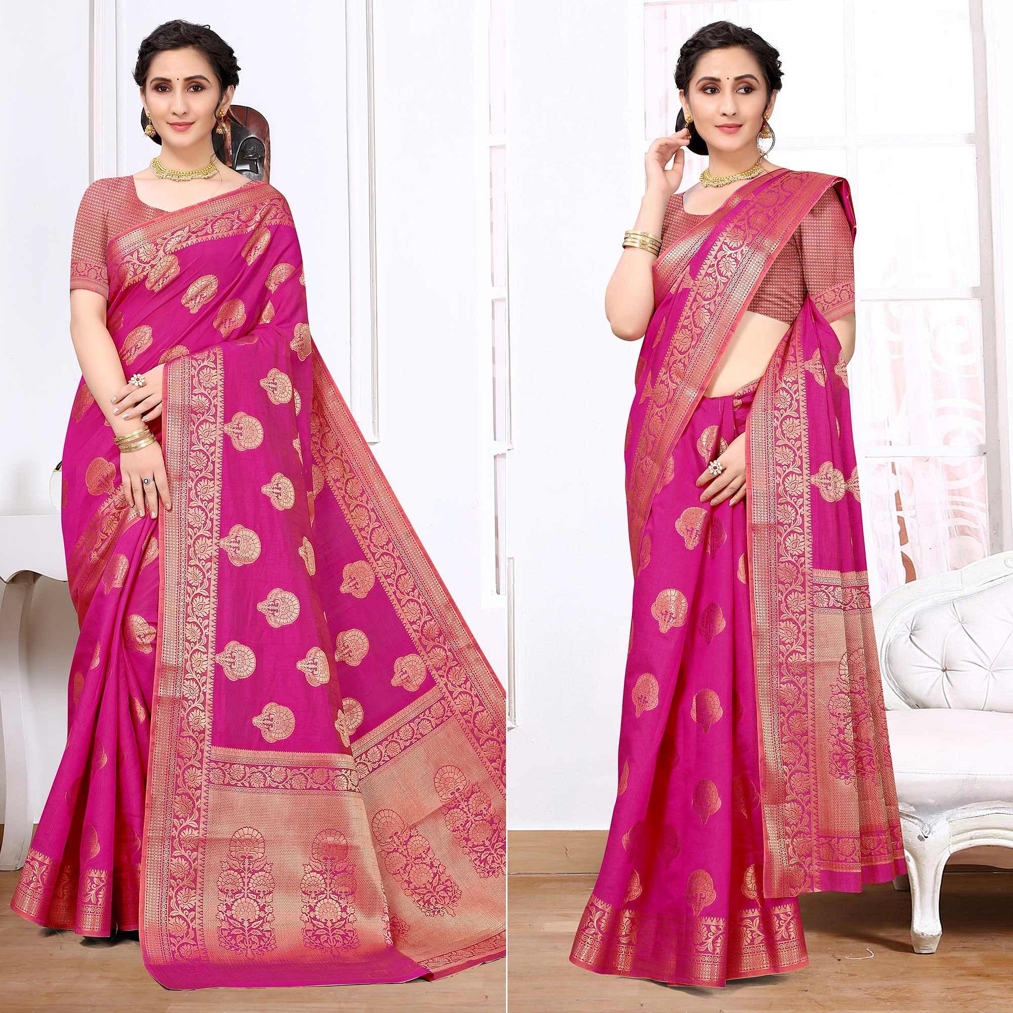 Pink Festive Wear Woven Raw Silk Saree - Peachmode