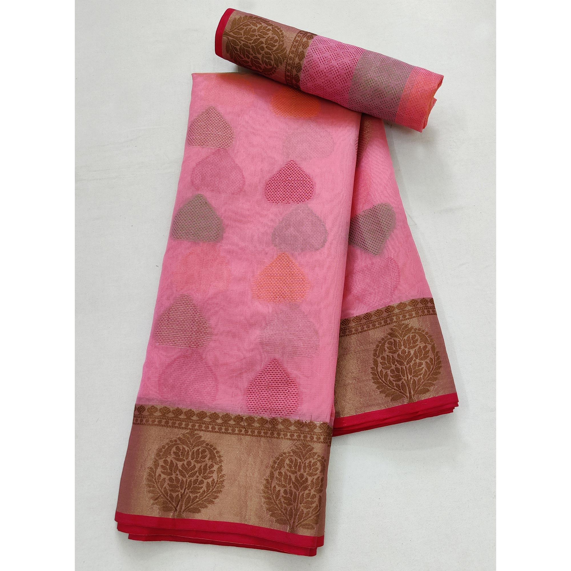 Pink Festive Wear Woven Rich Pallu Organza Saree - Peachmode