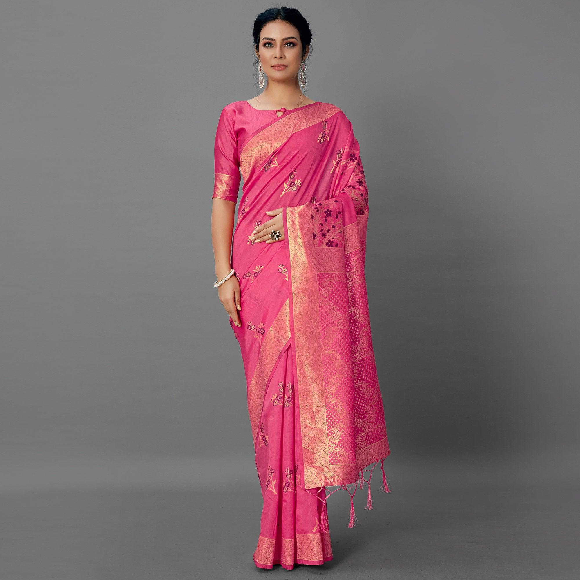 Pink Festive Wear Woven Silk Blend Saree - Peachmode