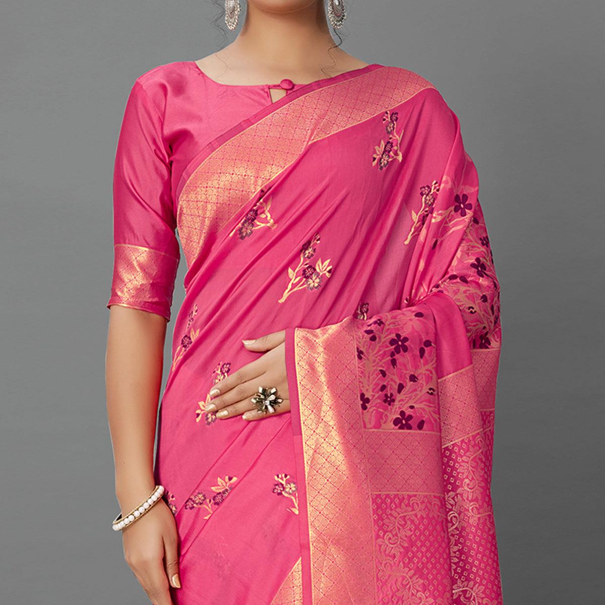 Pink Festive Wear Woven Silk Blend Saree - Peachmode