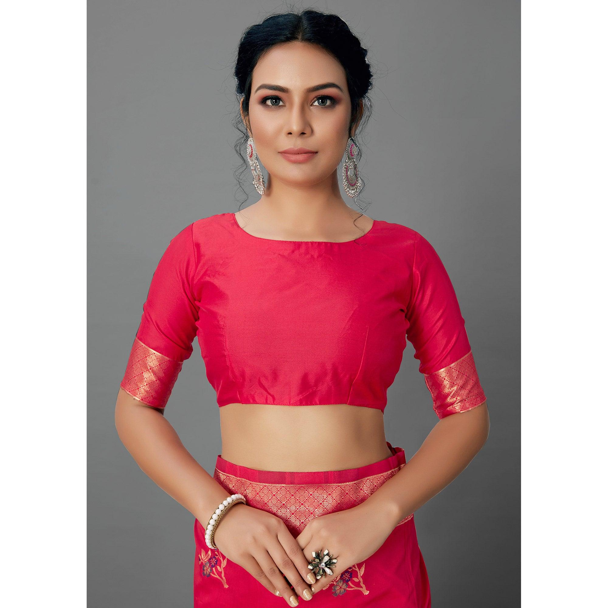 Pink Festive Wear Woven Silk Blend Saree - Peachmode