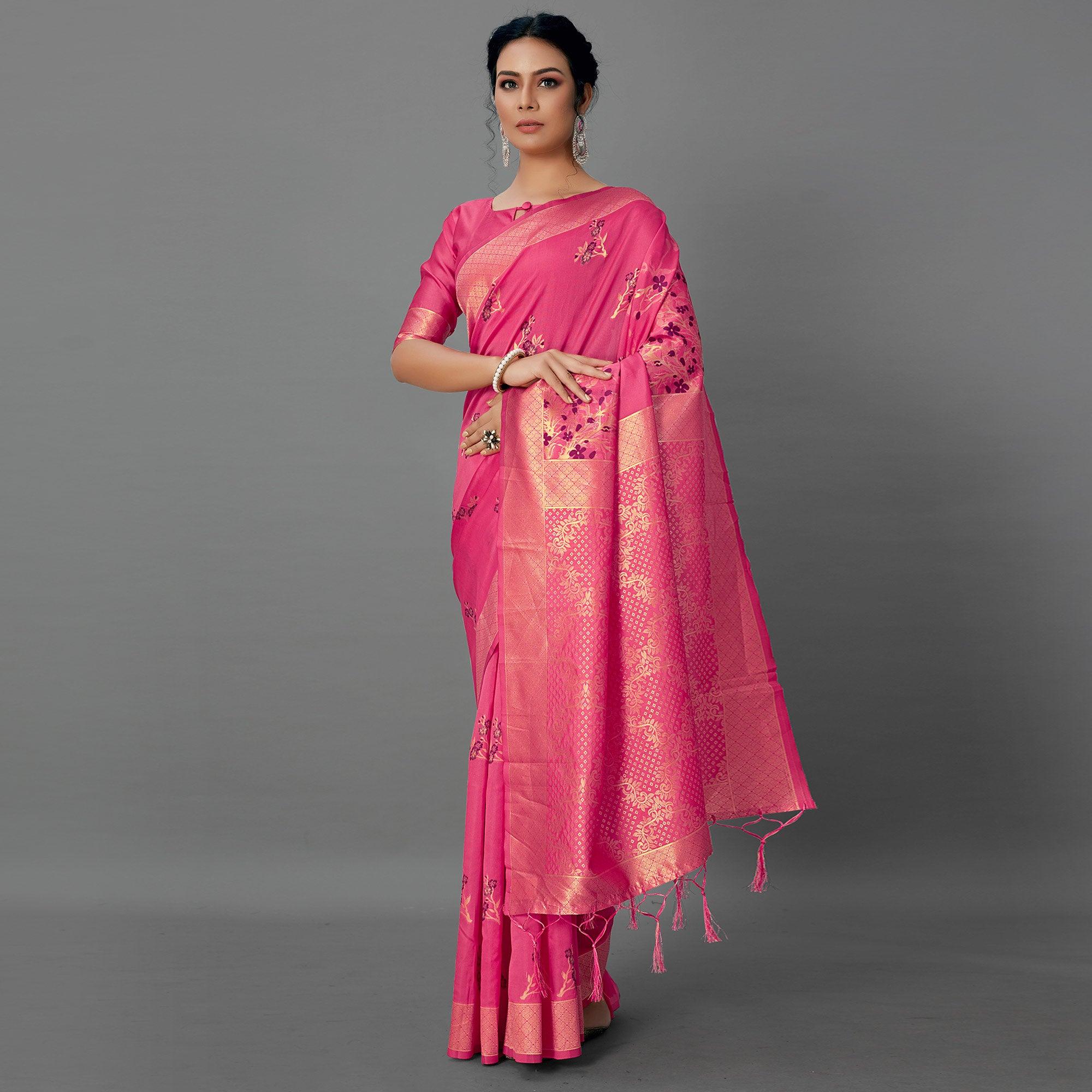 Pink Festive Wear Woven Silk Blend Saree - Peachmode