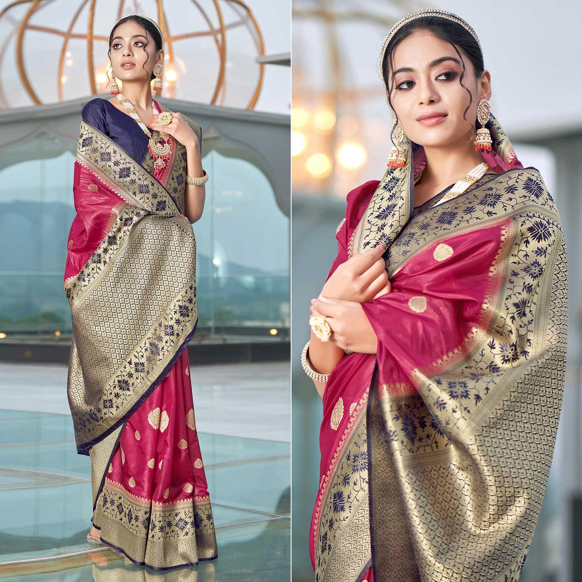 Pink Festive Wear Woven Silk Organza Saree - Peachmode