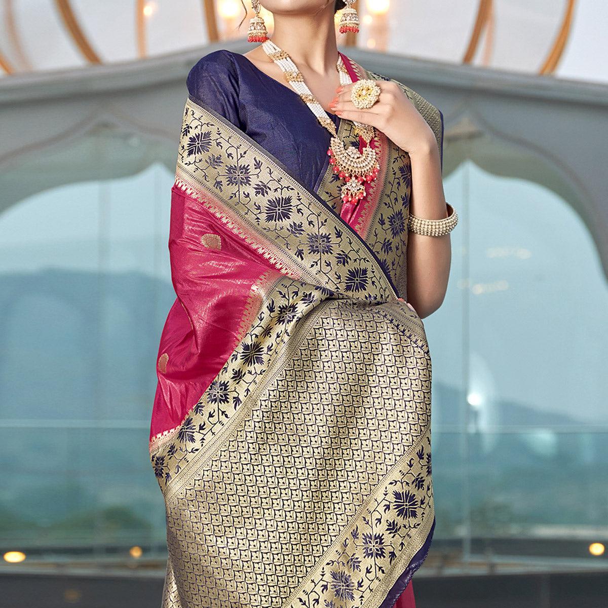 Pink Festive Wear Woven Silk Organza Saree - Peachmode