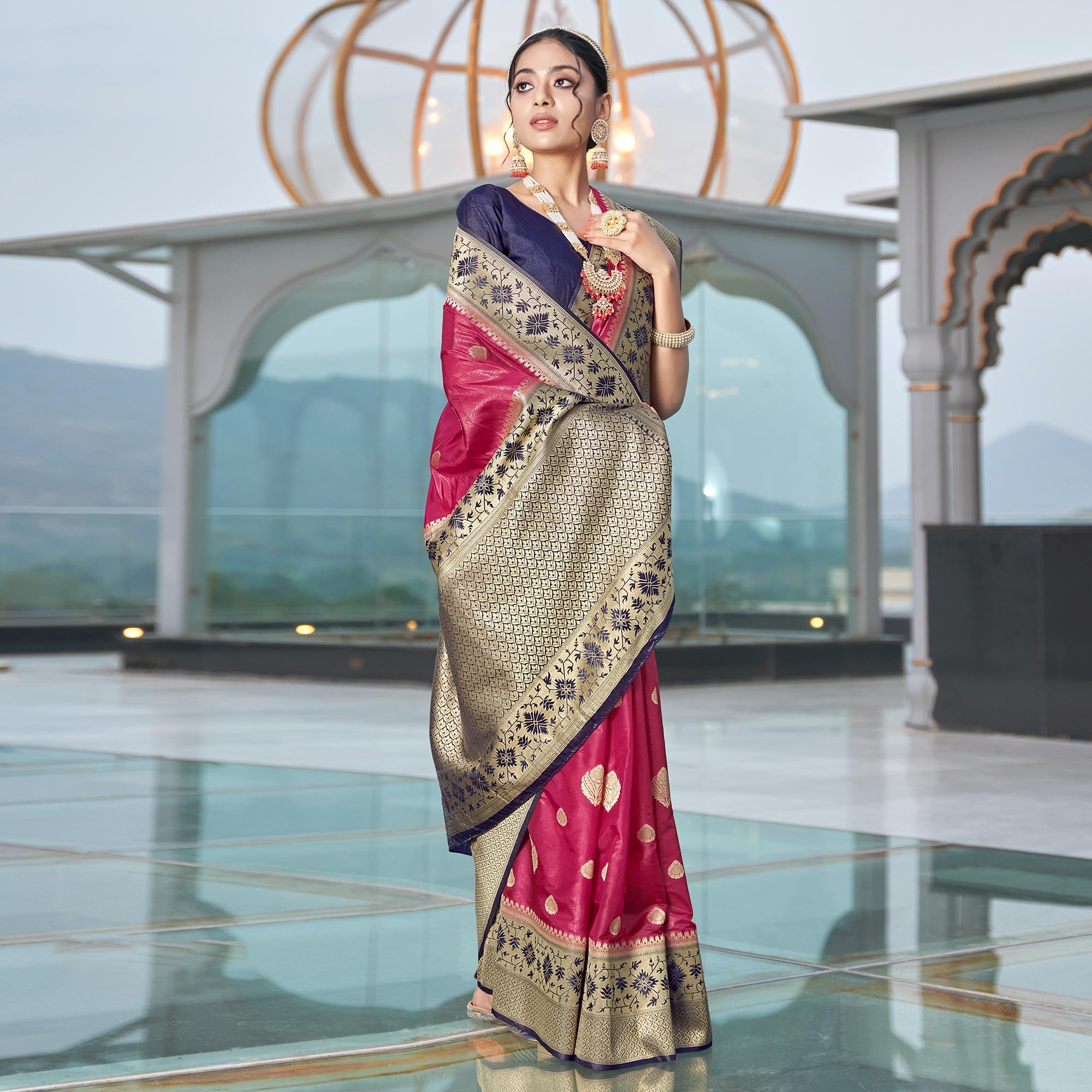 Pink Festive Wear Woven Silk Organza Saree - Peachmode