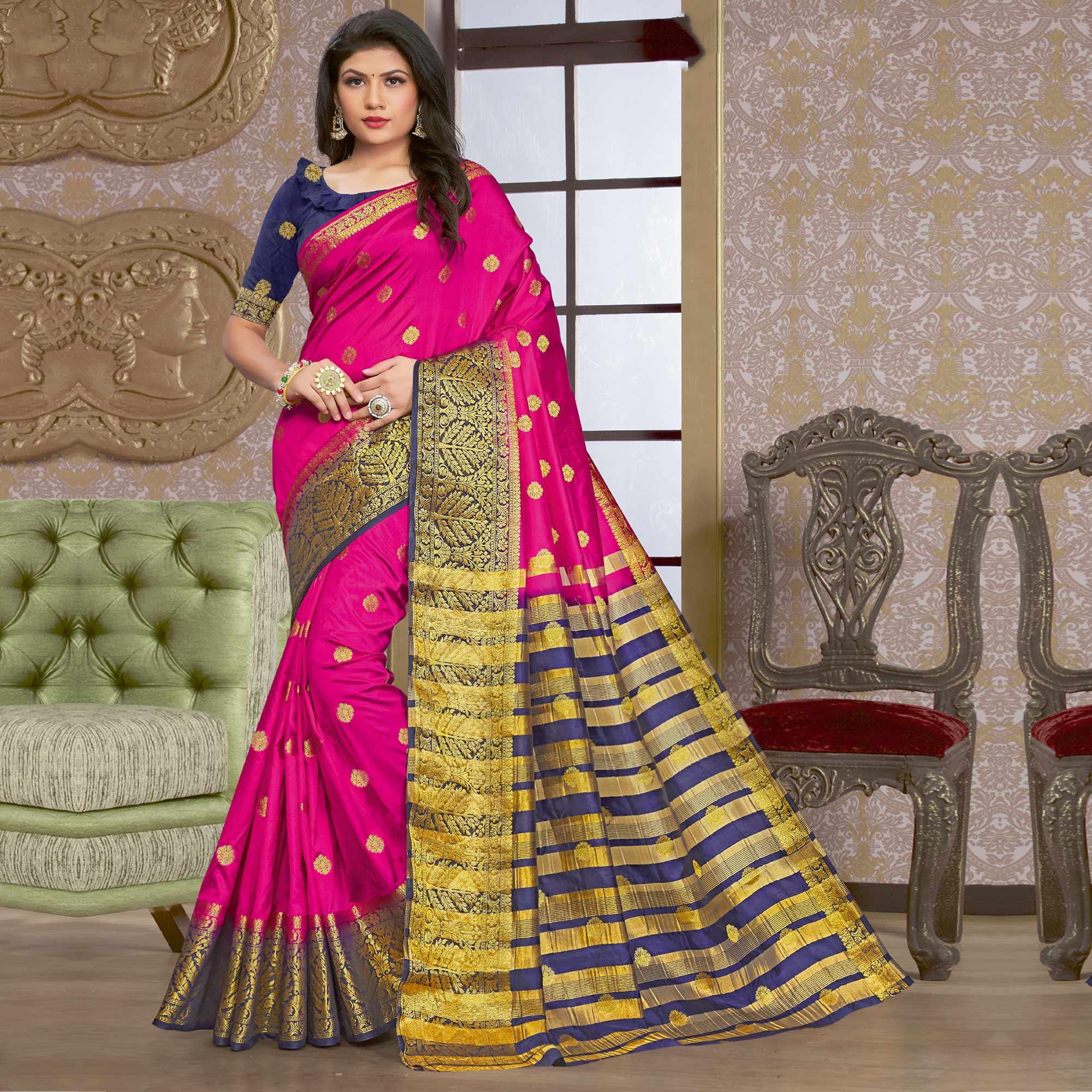 Pink Festive Wear Woven Silk Saree - Peachmode