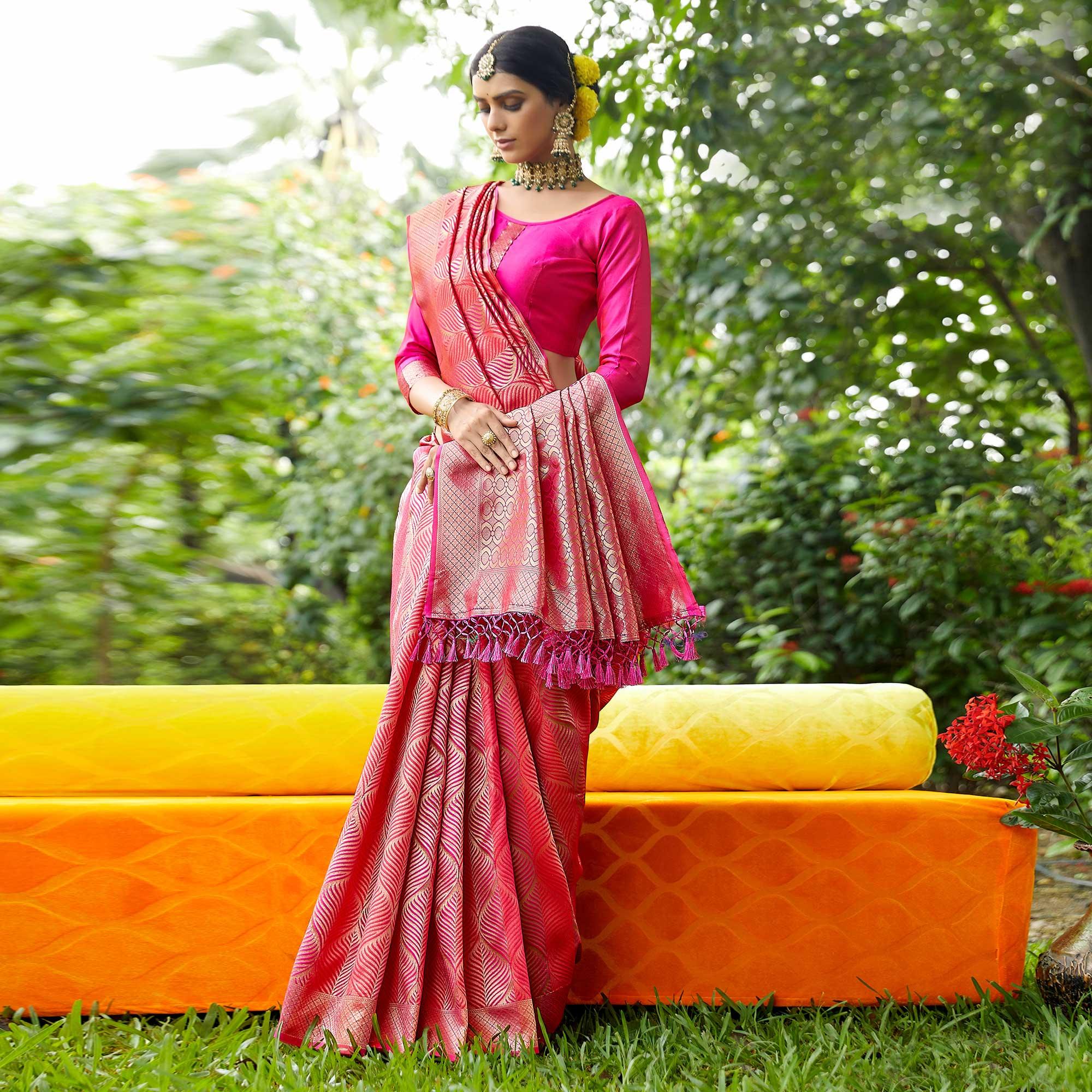 Pink Festive Wear Woven Silk Saree - Peachmode
