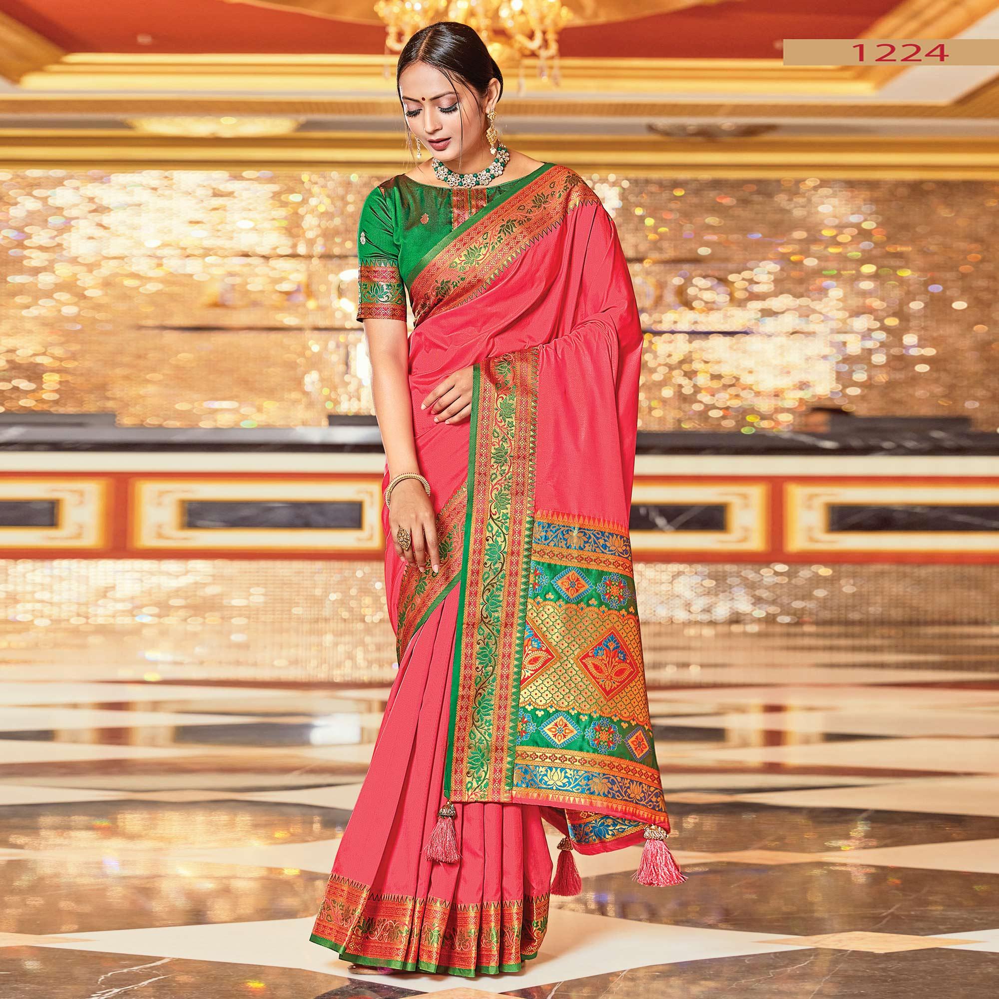 Pink Festive Wear Woven Silk Saree - Peachmode