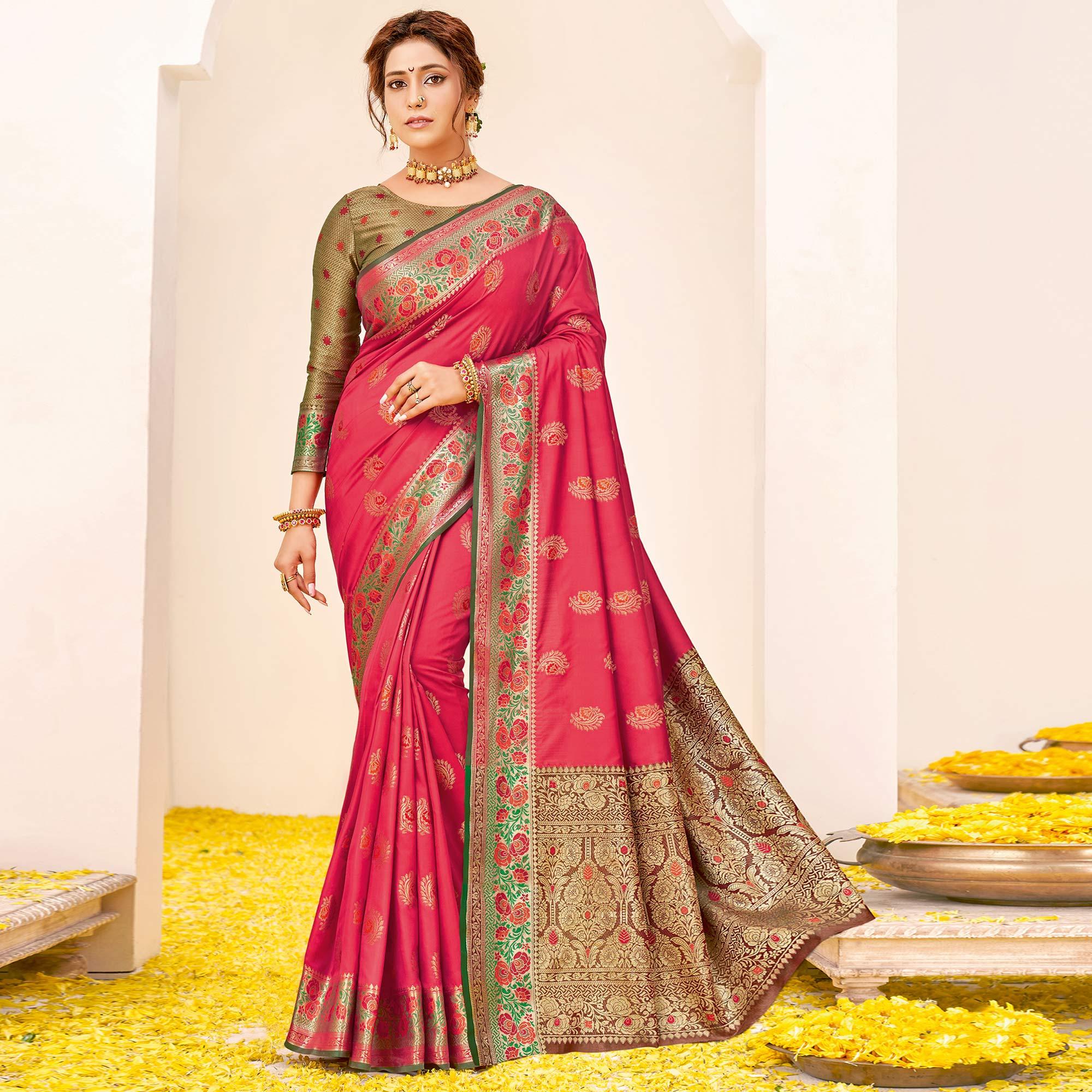 Pink Festive Wear Woven Silk Saree - Peachmode