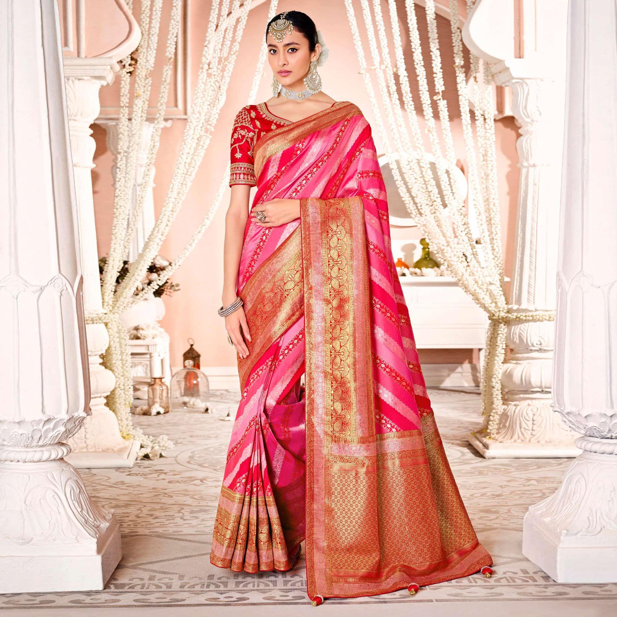 Pink Festive Wear Woven Silk Saree - Peachmode