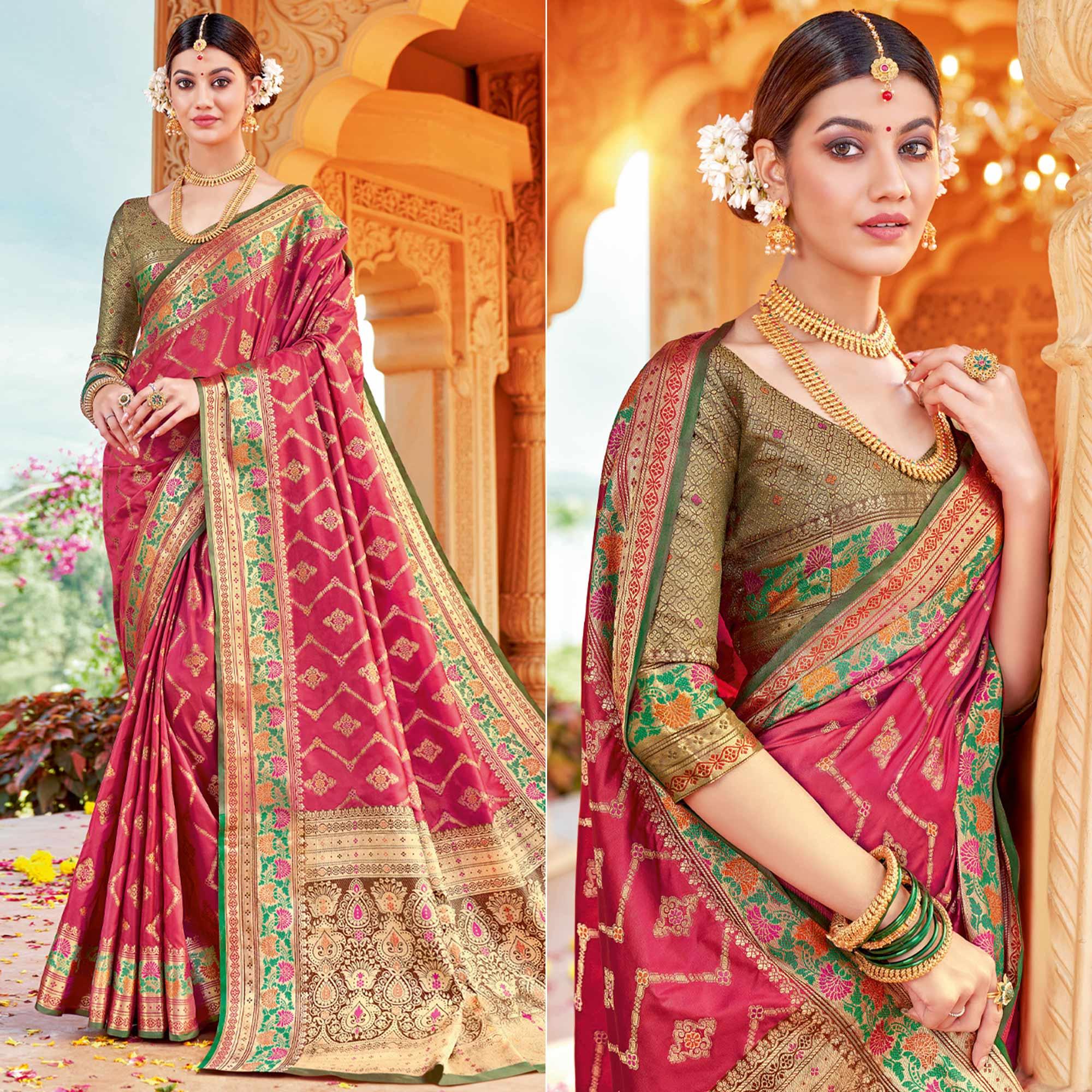 Pink Festive Wear Woven Silk Saree - Peachmode